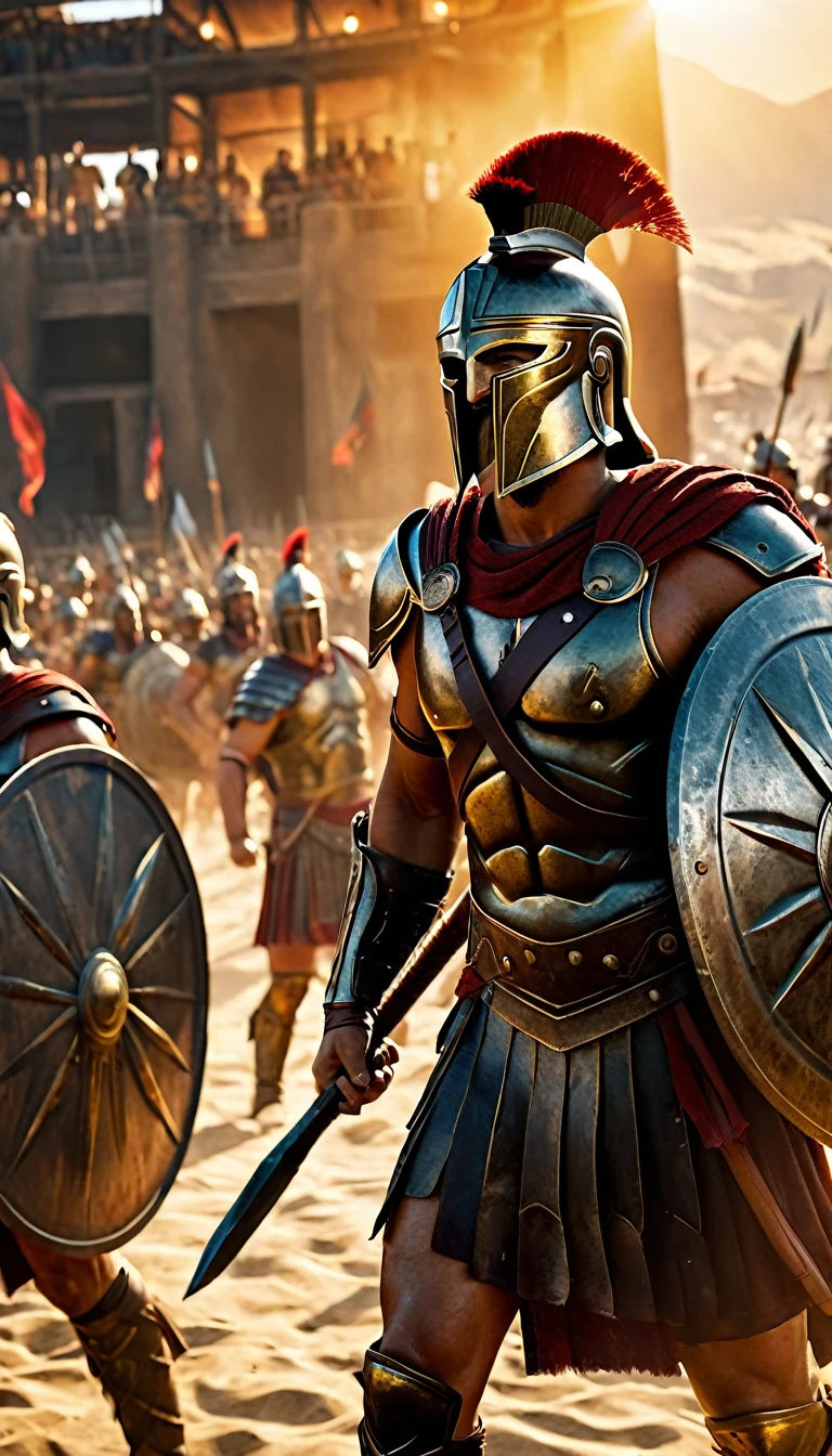 Create a detailed image of the annual Spartan event, featuring a massive arena where the best Spartan warriors and the bravest Helot slaves prepare to battle to the death, detailed face expressions, fair and smooth skin, masterpiece, cinematic lighting, physically based rendering, lens flare, award winning rendering, perfect rendering detail, 8K, realism, detailed background, everything in detail, cinematic shot, dynamic lighting, 75mm, Technicolor, Panavision, cinemascope, fine details, 8k, HDR, realism, realistic, key visual, film still, superb cinematic color grading, depth of field,