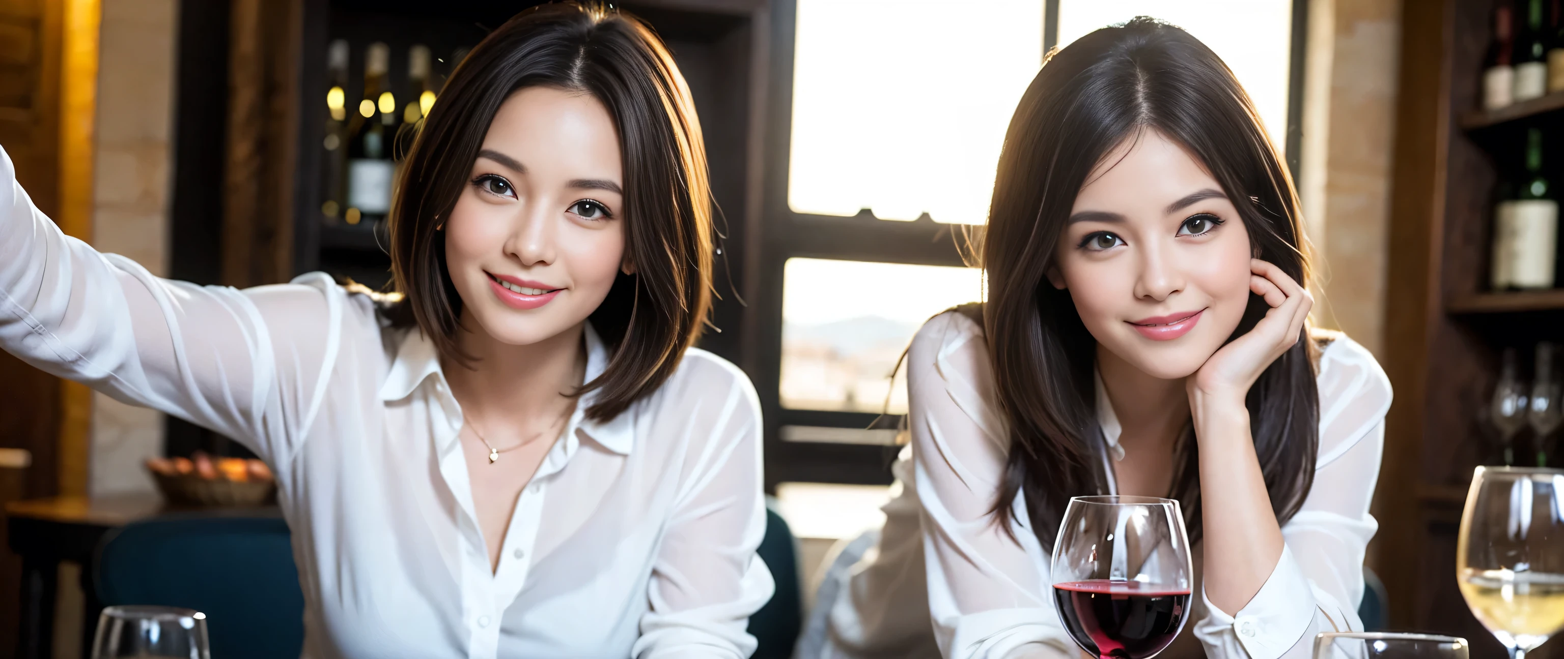 ((highest quality、8k、masterpiece:1.3))、1 male 1 female、liquor,Beautiful woman,Wine Party、Spouse、Couple、The body is slim、((Bob Hale、Straight hair:1.2)), (Realistic, Intricate details:1.2), Wine glass on the table、Put the light on your face、 Amazing view of the sunset sky and clouds、Amazing mountain views、A bright smile、The wonderfulness of smile、Bright image、The beauty of wine, Beautiful Face, blue eyes, The light shines on your face, Blushing, short hair,Bright Face、 (Age 37), Age 35, red wine 、Appetizers、Italian food、Wine bottle、Champagne、sparkling wine、Two beauties、Brown Hair、Shortcuts、Long sleeve shirt、dress、Pretty Woman 1, (Slim face), (The body is slim), (Brown Hair), (Shortcuts), cheeks turn a little red,Attractive beauty、restaurant, In a prominent place (From the waist up) Nova Frog Style, actress, model, Upper Body, White wine, slim, wine glass, A wine glass placed in the center, smile, (smile: 1.15), Beautiful fine grain, Depth f/2,saturation, High Contrast, Strong light and shadow,Moist Body:1.5、3D texture、Delicate eyes、Brown Hair、The hair is very shiny、