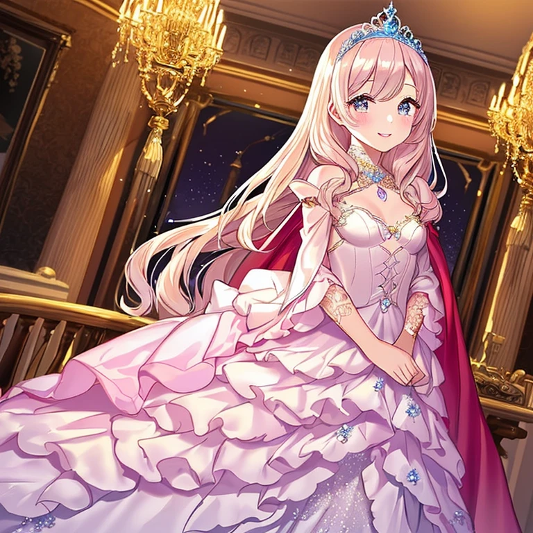 (kawaii),(best quality),(ultra detailed),(rococo style),(long train pastel pink cape:1.15), very long cape,(long train white ball gown with flower decorations:1.1), a girl is wearing a cape over her gown, 1 little princess, tiara, smile, very long hair, small breasts, beautiful detailed eyes, beautiful detailed lips, looking at viewer
