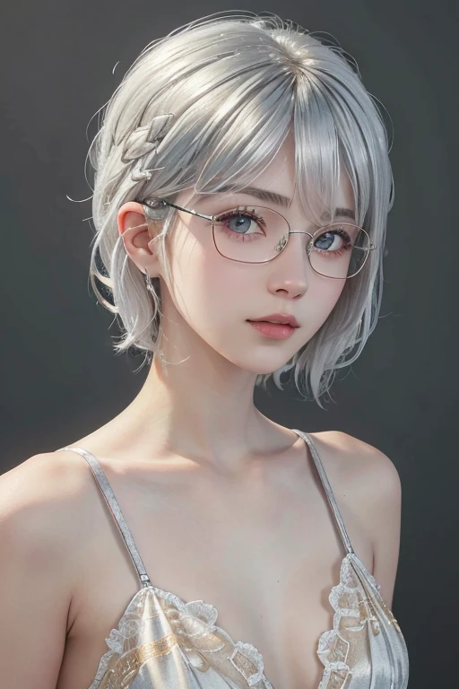 (masterpiece), (8K, Reality, RAW photos, best quality), (1 Girl), Pretty Face, (Realistic face), (Silverhair, short hair:1.5), Beautiful hairstyle, Short Bob, Red eyes, Realistic eyes, Beautiful and delicate eyes, (Realistic skin), Beautiful skin, (No clothes),(No cover), absurd, attractive, Ultra-high resolution, Surreal, Very detailed, Golden Ratio, Black-framed glasses, braided hair