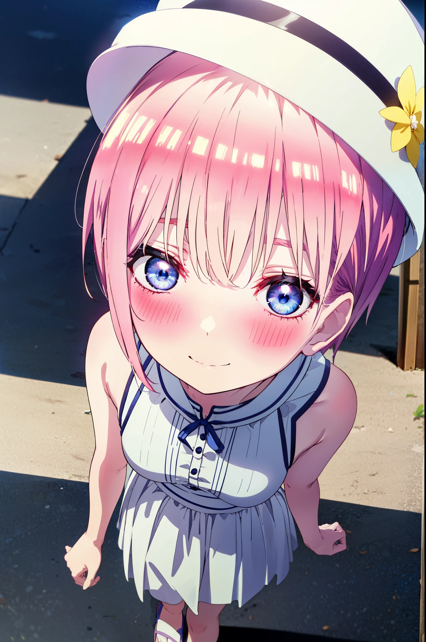 ichikanakano, ichika nakano, short hair, bangs, blue eyes, Hair between the eyes, Pink Hair, Big white hat,smile,Sleeveless white dress,Bare arms,White long skirt,Cute heeled sandals,whole bodyがイラストに入るように,Looking down from above,walk,moonlight,night,ロマンチックなnight景,Starry Sky,shooting star,Looking up from below,
break outdoors, hill,
break looking at viewer, whole body,
break (masterpiece:1.2), highest quality, High resolution, unity 8k wallpaper, (shape:0.8), (Beautiful details:1.6), Highly detailed face, Perfect lighting, Highly detailed CG, (Perfect hands, Perfect Anatomy),