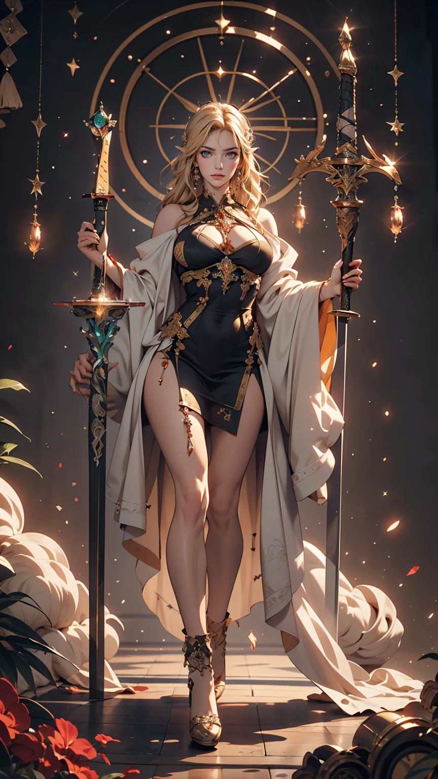 masterpiece, highest quality, Intricate details, Gorgeous blonde elven woman, (mint eye), Celestine Lucullus, Perfect Anatomy, Perfect Face:1.1), ((Huge breasts!!!!!!)),(Huge breasts!!!!), White one-piece uniform, Sharp focus, ((alone:1.4), (Full Body Shot), View your viewers, Ultra-high resolution, (One girl:1.4), Highly detailed illustration, Smooth, Extremely pixel perfect, Detailed Background, art:Wlop と Ross Tran, forest, Fascinating,Venus Body、Wields the legendary sword