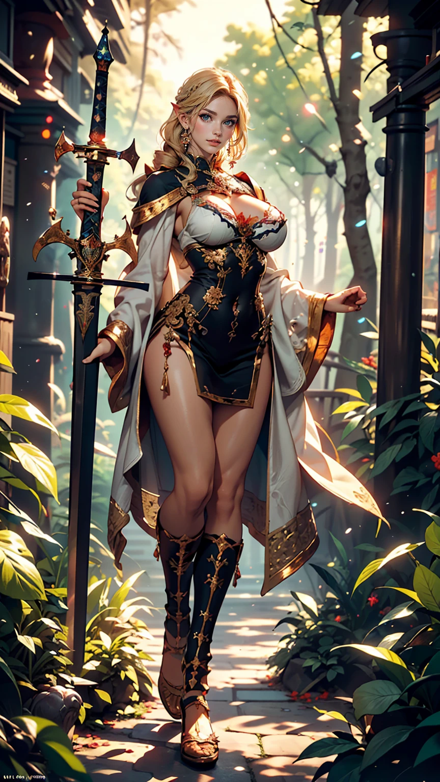 masterpiece, highest quality, Intricate details, Gorgeous blonde elven woman, (mint eye), Celestine Lucullus, Perfect Anatomy, Perfect Face:1.1), ((Huge breasts!!!!!!)),(Huge breasts!!!!), White one-piece uniform, Sharp focus, ((alone:1.4), (Full Body Shot), View your viewers, Ultra-high resolution, (One girl:1.4), Highly detailed illustration, Smooth, Extremely pixel perfect, Detailed Background, art：Wlop と Ross Tran, forest, Fascinating,Venus Body、Wields the legendary sword