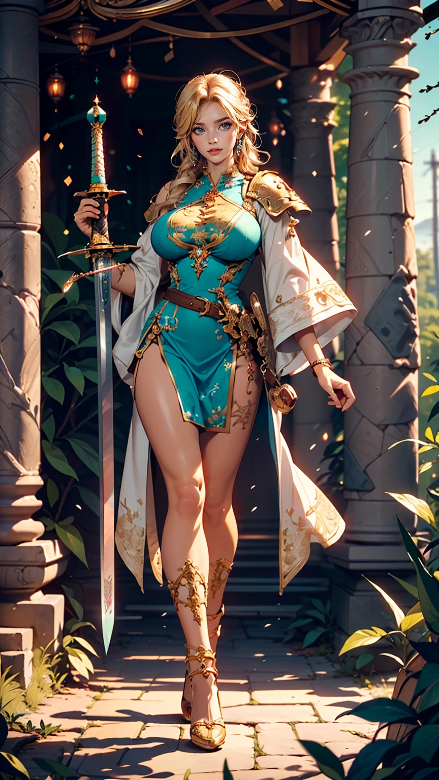 masterpiece, highest quality, Intricate details, Gorgeous blonde elven woman, (mint eye), Celestine Lucullus, Perfect Anatomy, Perfect Face:1.1), ((Huge breasts!!!!!!)),(Huge breasts!!!!), White one-piece uniform, Sharp focus, ((alone:1.4), (Full Body Shot), View your viewers, Ultra-high resolution, (One girl:1.4), Highly detailed illustration, Smooth, Extremely pixel perfect, Detailed Background, art:Wlop と Ross Tran, forest, Fascinating,Venus Body、Wields the legendary sword