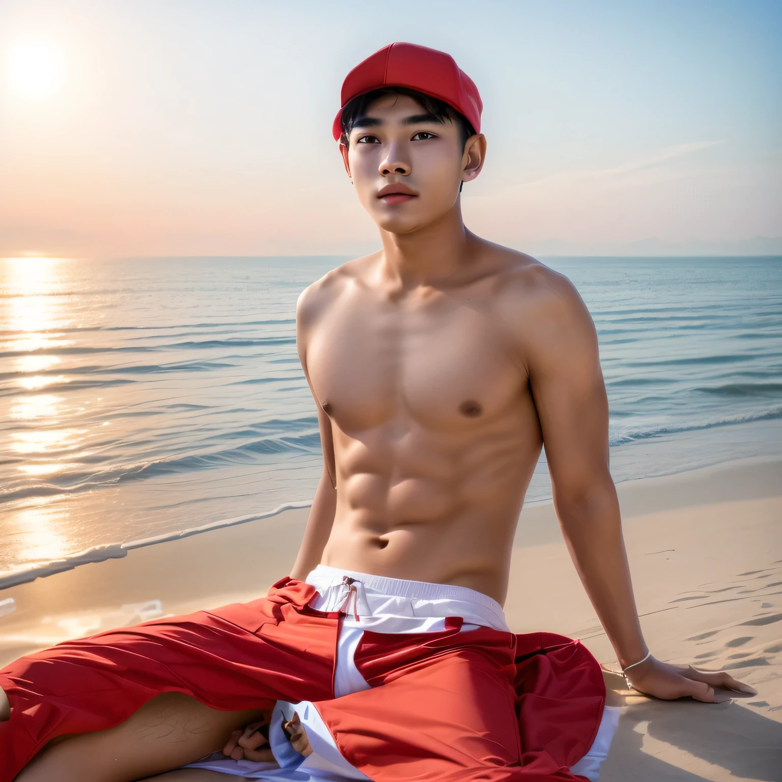 Handsome young man,Thai person,ager,red tank top,white panties,Ride by the sea,