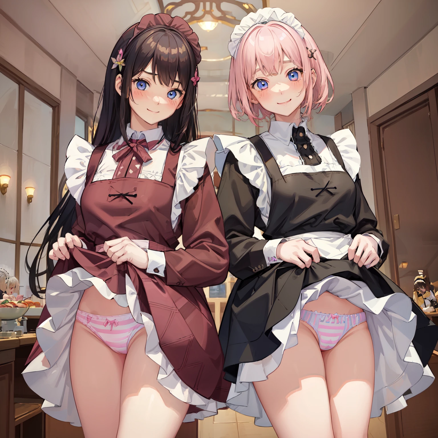 highest quality、masterpiece、((2 girls:1.5))、((smile:1.3))、(blush:1.3)、Black Shirt、blouse、((fun!!))、(Small breasts)、()、Blonde、(Long sleeve)、((White apron:1.5))、((Maid))、((hair ornaments)),、Kamimei、look at me、 ((in house:1.5))、 Taking a break from watching the audience、Cowboy Shot、(Skirt lift:1.3),(Highly detailed pink striped panties:1.3)、(Highly detailed panties:1.3)、、(スカート that rolls up:1.3)、(Panties fully exposed:1.5)、Light blue eyes、long hair、Glowing Eyes