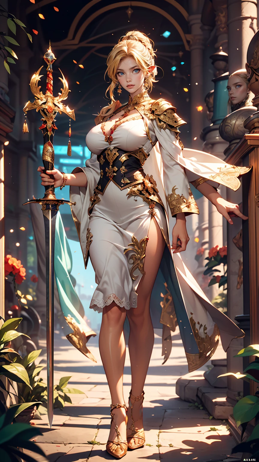 masterpiece, highest quality, Intricate details, Gorgeous blonde elven woman, (mint eye), Celestine Lucullus, Perfect Anatomy, Perfect Face:1.1), ((Huge breasts!!!!!!)),(Huge breasts!!!!), White one-piece uniform, Sharp focus, ((alone:1.4), (Full Body Shot), View your viewers, Ultra-high resolution, (One girl:1.4), Highly detailed illustration, Smooth, Extremely pixel perfect, Detailed Background, art:Wlop と Ross Tran, forest, Fascinating,Venus Body、Wields the legendary sword