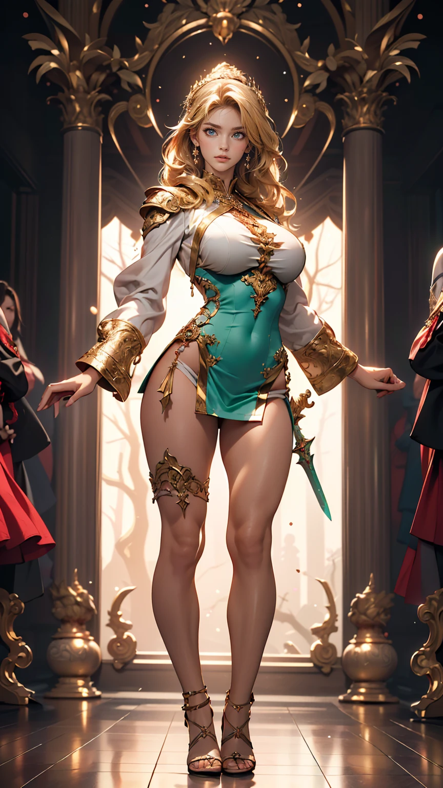 masterpiece, highest quality, Intricate details, Gorgeous blonde elven woman, (mint eye), Celestine Lucullus, Perfect Anatomy, Perfect Face:1.1), ((Huge breasts!!!!!!)),(Huge breasts!!!!), White one-piece uniform, Sharp focus, ((alone:1.4), (Full Body Shot), View your viewers, Ultra-high resolution, (One girl:1.4), Highly detailed illustration, Smooth, Extremely pixel perfect, Detailed Background, art:Wlop と Ross Tran, forest, Fascinating,Venus Body、Wields the legendary sword