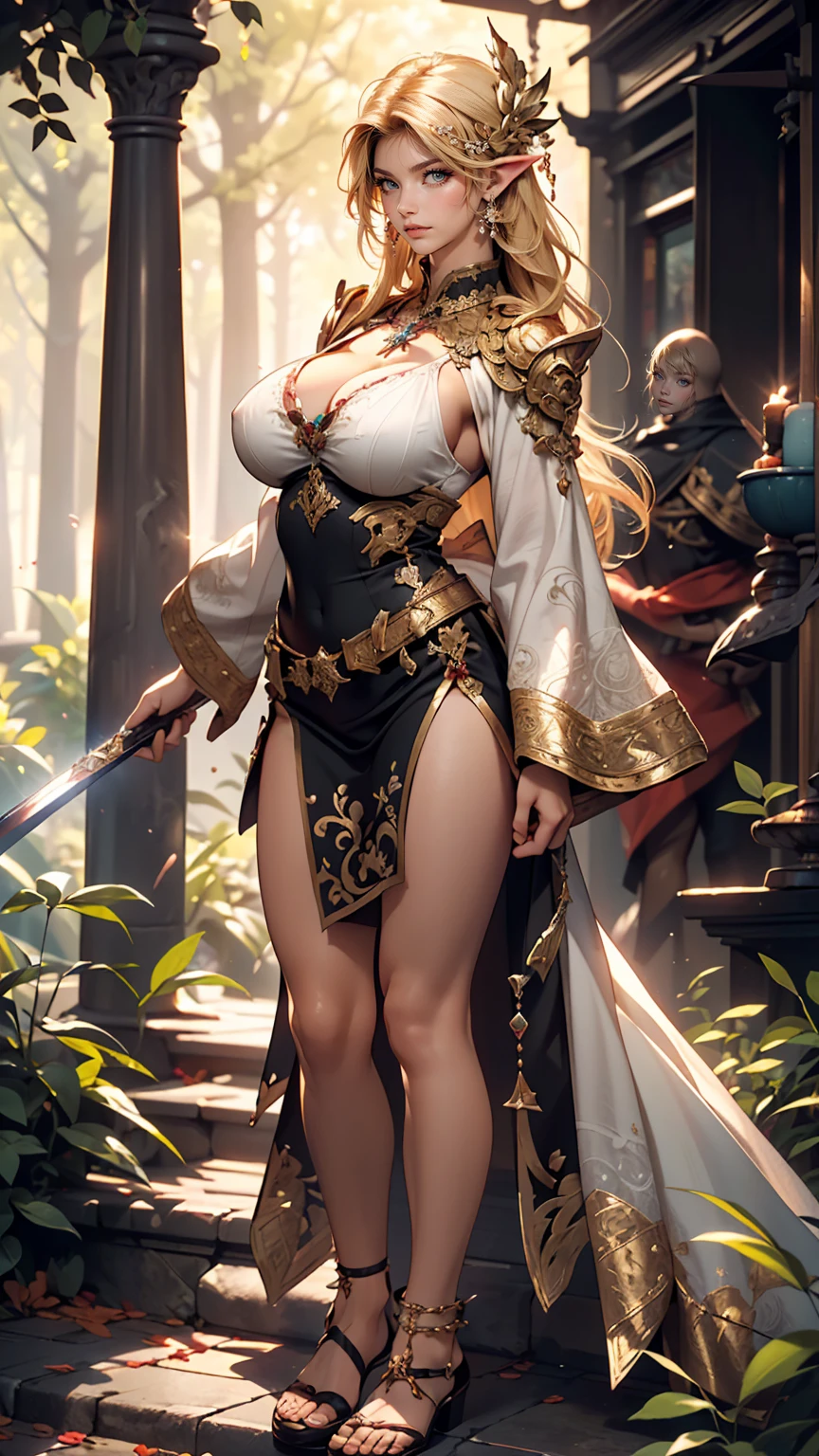 masterpiece, highest quality, Intricate details, Gorgeous blonde elven woman, (mint eye), Celestine Lucullus, Perfect Anatomy, Perfect Face:1.1), ((Huge breasts!!!!!!)),(Huge breasts!!!!), White one-piece uniform, Sharp focus, ((alone:1.4), (Full Body Shot), View your viewers, Ultra-high resolution, (One girl:1.4), Highly detailed illustration, Smooth, Extremely pixel perfect, Detailed Background, art:Wlop と Ross Tran, forest, Fascinating,Venus Body、Wields the legendary sword