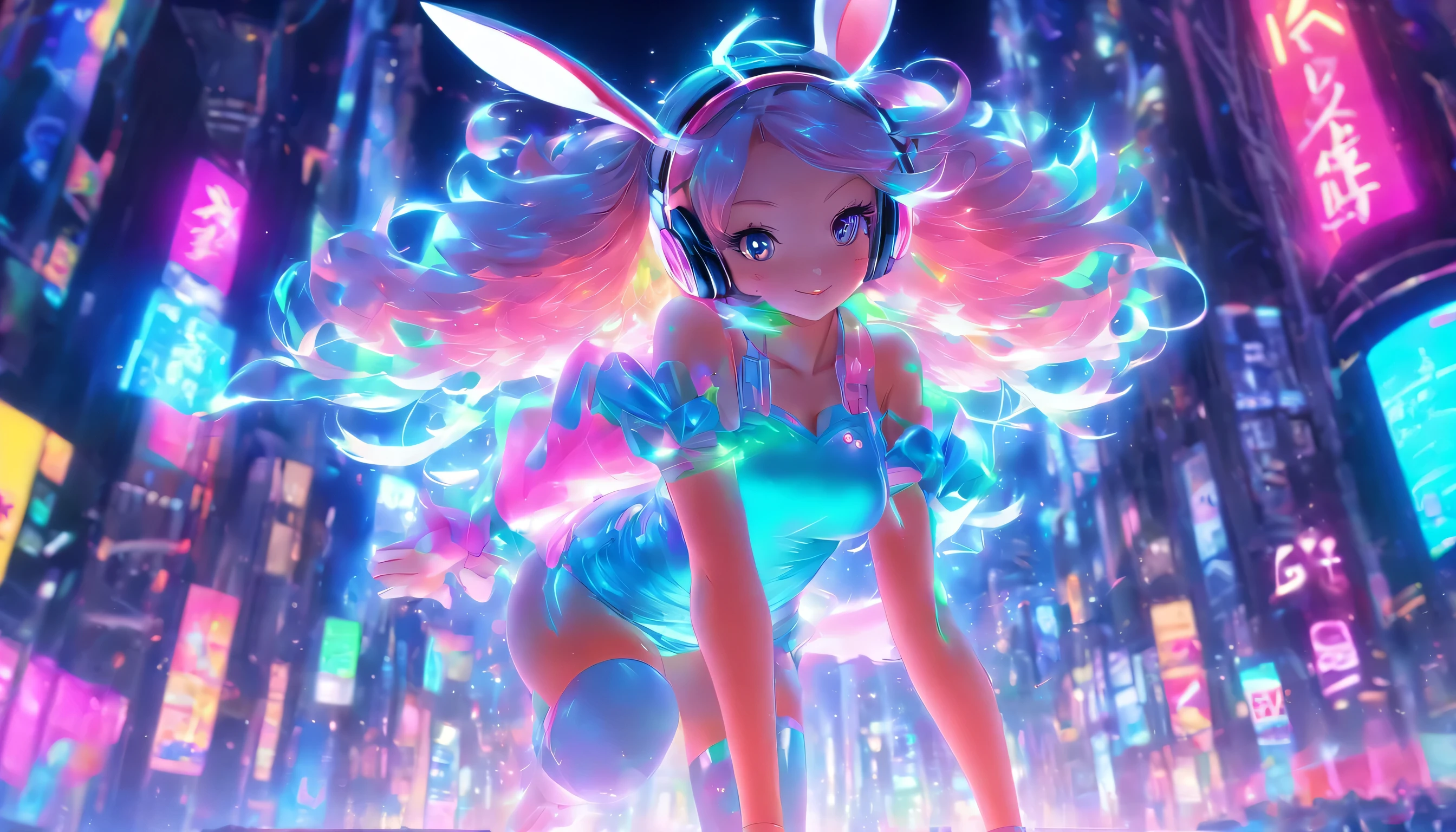 Transparent color PVC clothing, Transparent colorful vinyl Bunny girl, Prismatic, Holographic, chromatic aberration, Fashion Illustration, masterpiece, DJ Girl, View Viewer, 8k, Super detailed, Pixiv、((Colorful Hair))、Wearing headphones、((Full Body))、((Strike a Pose))、((Bunny girl))、(((Long legs)))、((Big Breasts))
