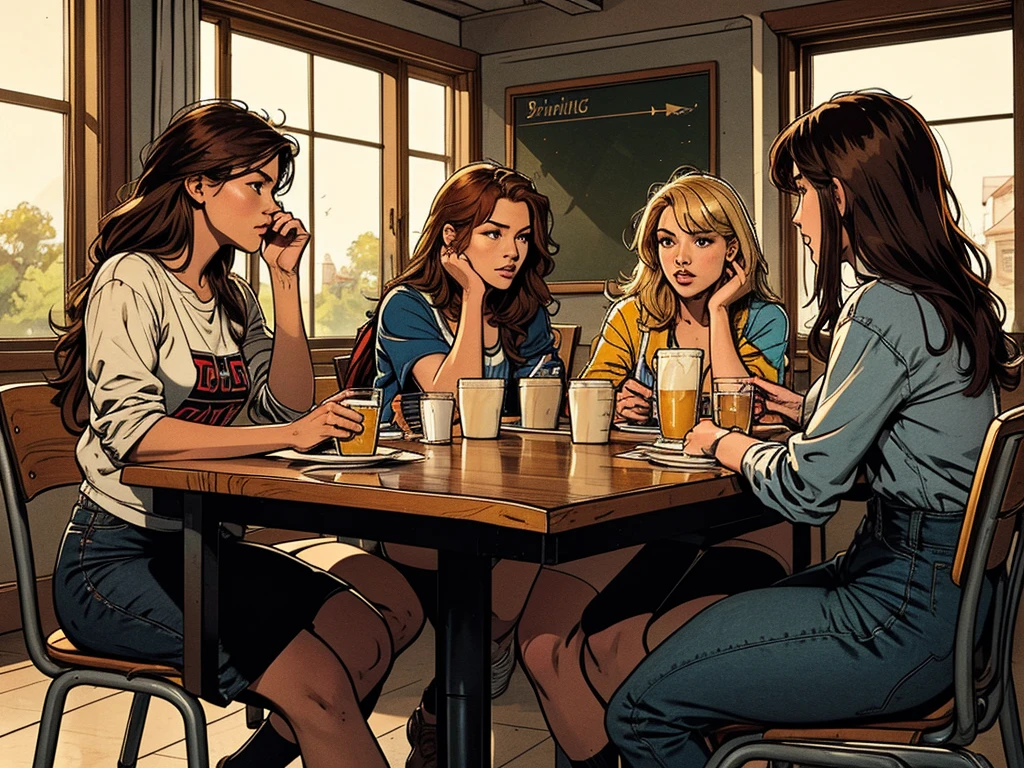 typical bright college dining hall:1.2, morning light, sitting side-by-side,hooligan girls,chatting, gossip, modern ager outfit, blond, black-haired, red-haired, vivid, simple square table,,