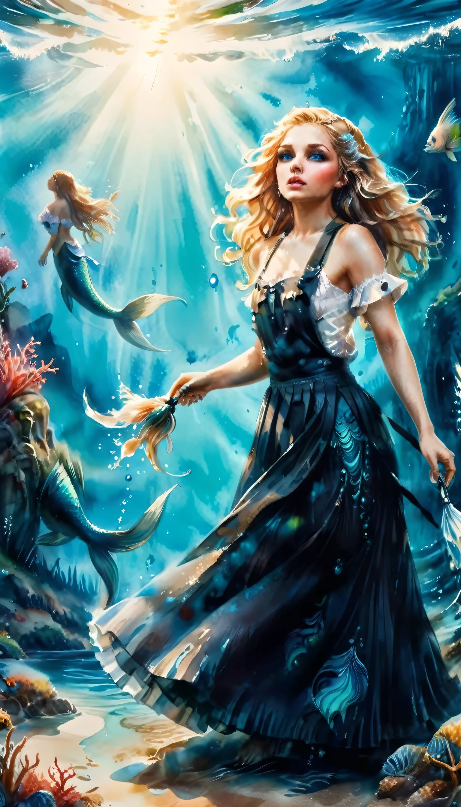 high details, best quality, 16k, ultra detailed, masterpiece, best quality, ((art deco style: 1.5)), full body, ultra wide shot, RAW, photorealistic, fantasy art, dnd art, rpg art, realistic art, an ultra wide picture of a mermaid  under the sea (intricate details, Masterpiece, best quality: 1.4) , female mermaid, (blue: 1.3) skin, (green: 1,3) hair, long hair, swirling hair, intense eyes, small pointed ears, ((blue eyes)), ((glowing eyes)), wearing (black:1.3) ((maid outfit)) flowing ((maid outfit:1.4) wearing a ((flowing maid skirt: 1.5)), beautiful mermaid, you can see rich underwater life, fish, riff, dynamic fantasy blue beach background ((magical atmosphere)), high details, best quality, highres, ultra wide angle, ggmine, traditional watercolor painting