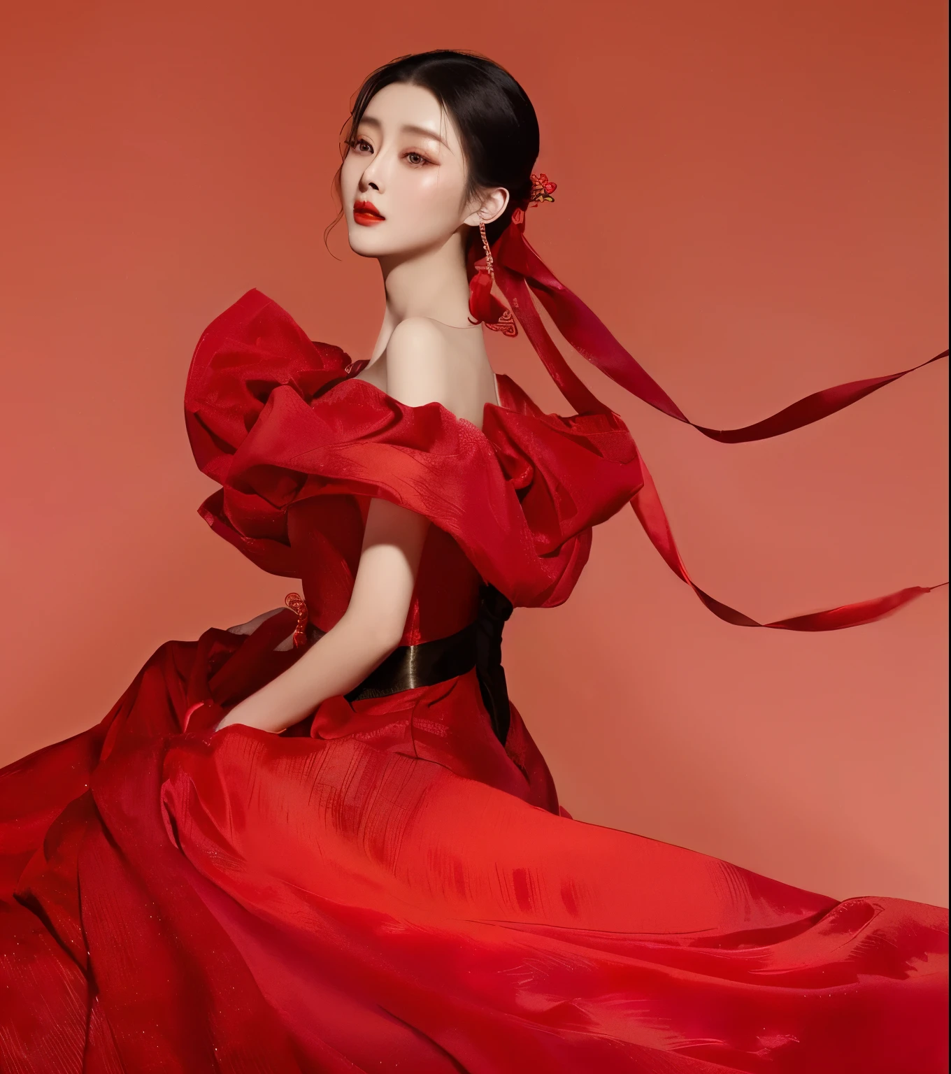 araffe woman Wearing a red dress with a red ribbon around her neck, sha xi, Fan Bingbing, Wearing red cheongsam, jingna zhang, lu ji, strict, Wearing a red dress, Cover photo: Portrait of Du Juan, Written byNi Tian, Inspired by Dai Xi, Black and red silk dress, Inspired by Zhang Yan, li bingbing