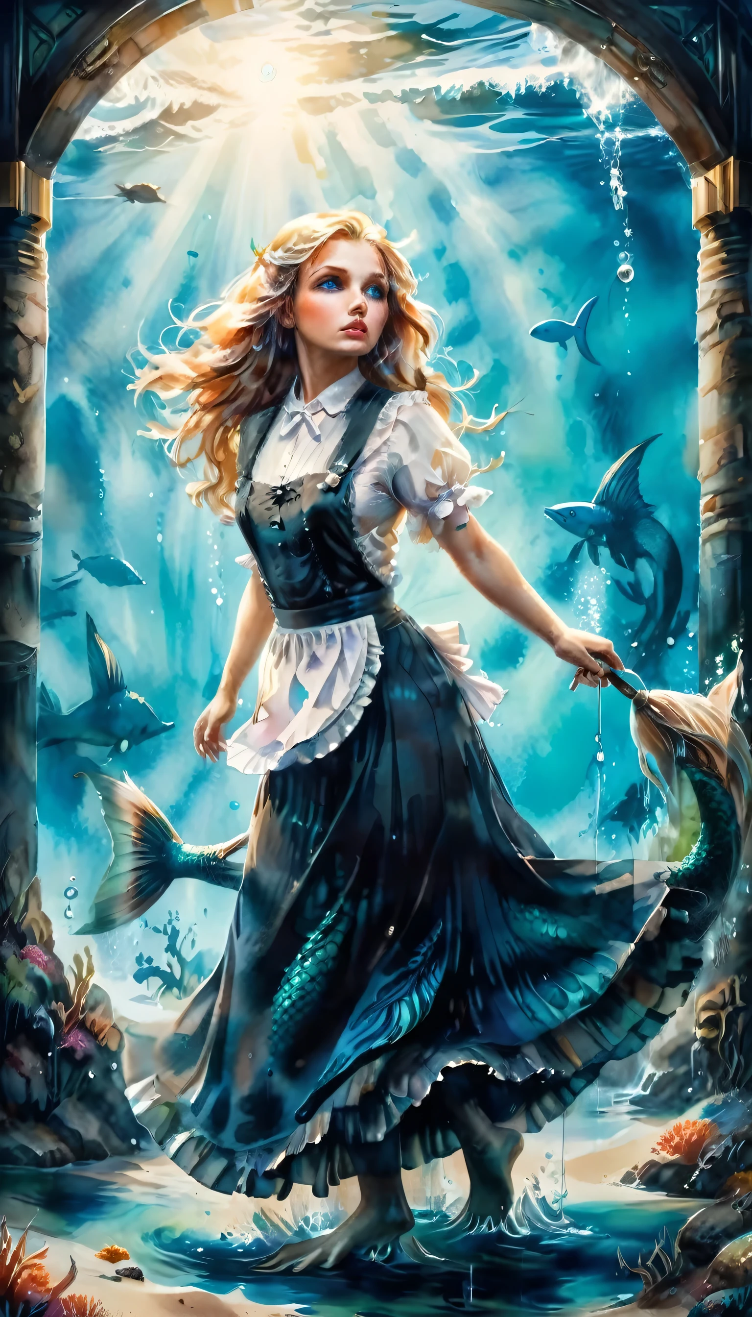 high details, best quality, 16k, ultra detailed, masterpiece, best quality, ((art deco style: 1.5)), full body, ultra wide shot, RAW, photorealistic, fantasy art, dnd art, rpg art, realistic art, an ultra wide picture of a mermaid  under the sea (intricate details, Masterpiece, best quality: 1.4) , female mermaid, (blue: 1.3) skin, (green: 1,3) hair, long hair, swirling hair, intense eyes, small pointed ears, ((blue eyes)), ((glowing eyes)), wearing (black:1.3) ((maid outfit)) flowing ((maid outfit:1.4) wearing a ((flowing maid skirt: 1.5)), beautiful mermaid, you can see rich underwater life, fish, riff, dynamic fantasy blue beach background ((magical atmosphere)), high details, best quality, highres, ultra wide angle, ggmine, traditional watercolor painting