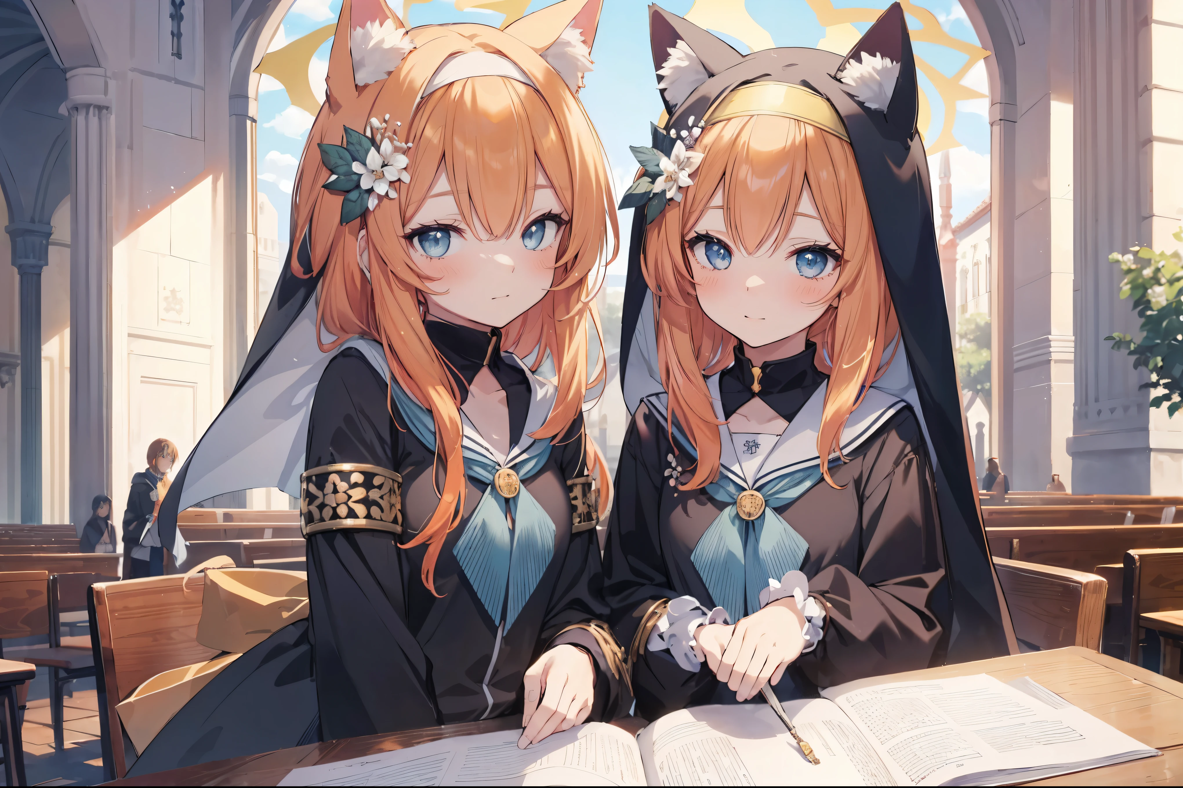 Marie、masterpiece、Best image quality、最high quality、One girl (blush, Perfect Face), independent , Looking into the camera, masterpiece, Anime art style, Cute Characters, Most detailed, high quality、Shiny Hair、Very fine and beautiful bright eyes、Very detailed, clear and beautiful face, Awards, (((Anatomically correct)))、Cat ear、Orange Hair、Lolita、Small breasts、uniform、Hooded、church