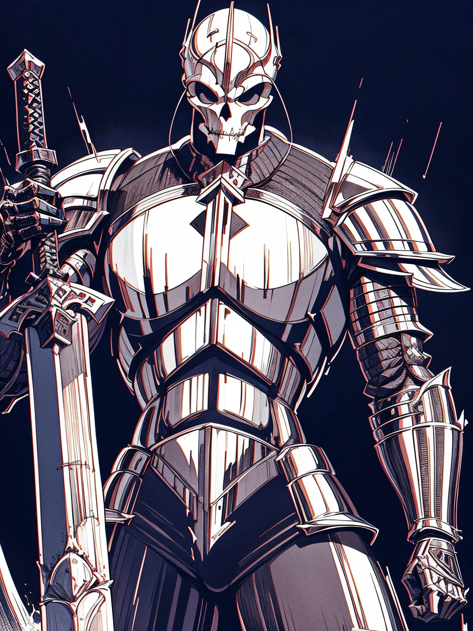 medievel, monochromatic, skull helm, full heavy armor, big sword, berserk, skull knight