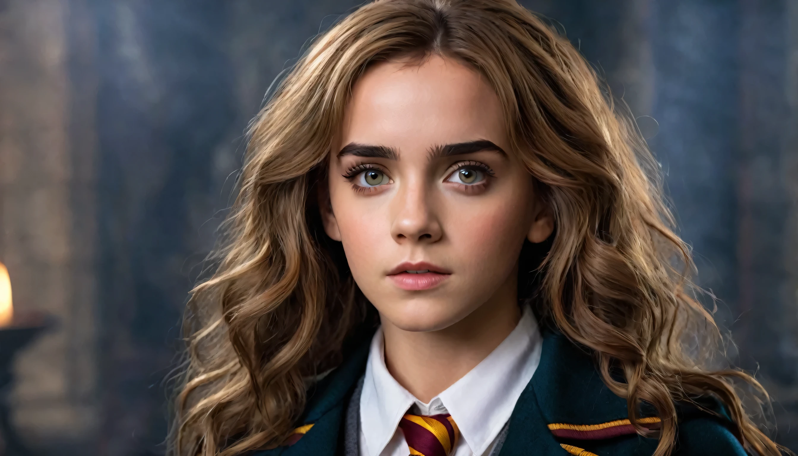 Very beautiful and pretty Hermione Granger with a really chiseled jawline is looking straight with a sigma look on her face, slim nose, beautiful eyes, and hair, she have a very hot and sexy body with big boobs, she is inside his magic academy, Ultra realistic, she is posing for a photoshoot