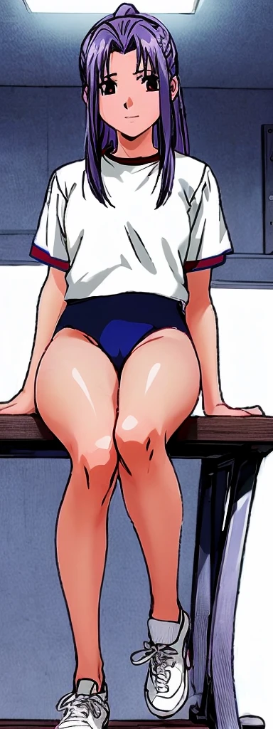 Momoko Koigakubo, a tall girl with beautiful legs, is wearing white gym clothes and light navy blue bloomers that look like panties, and is sitting on the desk behind her with her legs spread wide and a smile on her face.。Angle from below。