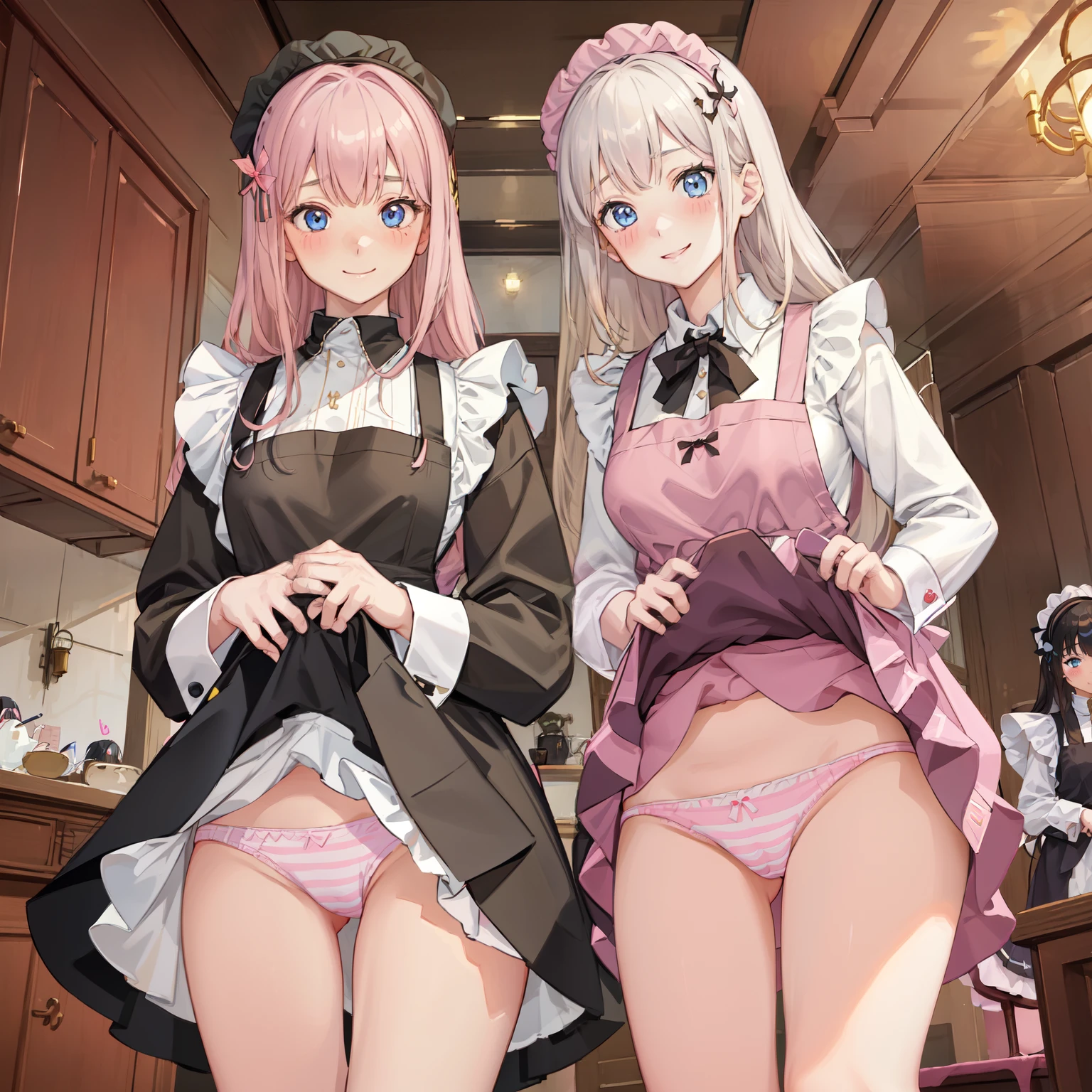 highest quality、masterpiece、((2 girls:1.mile:1.3))、(blush:1.3)、Black Shirt、blouse、((fun!!))、(Small breastsonde、(Long sleeve)、((White apron:1.5))、((Maid))、((hair ornaments)),、Kamimei、look at me、 ((in house:1.5))、 Taking a break from watching the audience、Cowboy Shot、(Skirt lift:1.3),(Highly detailed pink striped panties:1.3)、(detailed panties:1.3)、、(スカート tls up:1.3)、(Panties fully exposed:1.5)、Lue eyes、long hair、Glowing Eyes