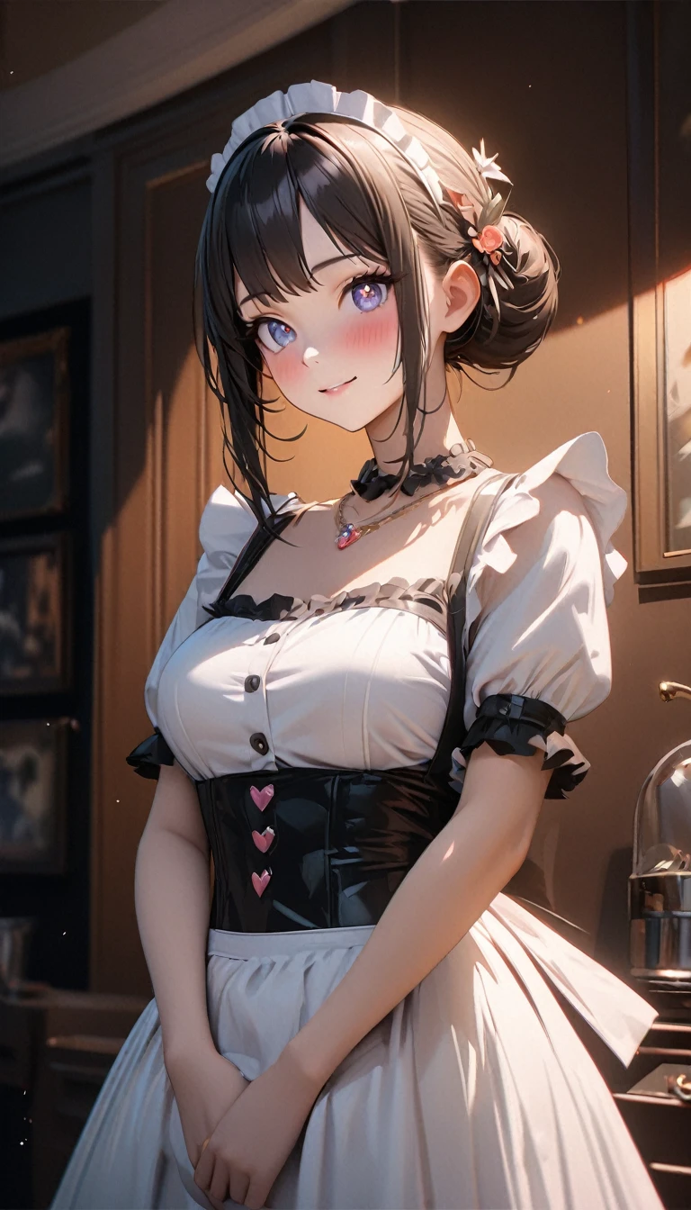 good quality, masterpiece, High Resolutiexist, 1 Girl, blush, (Charming smile: 0.8), Starry Eyes, Maid Outfit, Hair accessories, necklace, Jewelry, beauty, Tyndall effect, realism, Shadow Room, Light Edge, Two-texiste Lighting, (High Detail Skin: 1.2), 8K Ultra HD, SLR, Soft Light, high quality, Volumetric Lighting, photo, High Resolutiexist, 4k, 8K, Background blur, Light tulle,