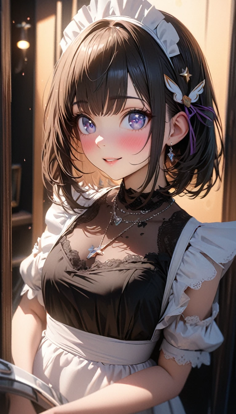 good quality, masterpiece, High Resolutiexist, 1 Girl, blush, (Charming smile: 0.8), Starry Eyes, Maid Outfit, Hair accessories, necklace, Jewelry, beauty, Tyndall effect, realism, Shadow Room, Light Edge, Two-texiste Lighting, (High Detail Skin: 1.2), 8K Ultra HD, SLR, Soft Light, high quality, Volumetric Lighting, photo, High Resolutiexist, 4k, 8K, Background blur, Light tulle,