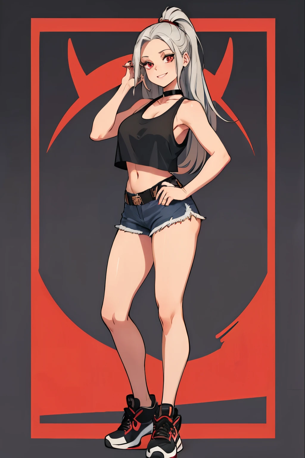 female, silver long hair with black highlights, red eyes,(((full body))), (((1girl))), (((red cropped tank top))), (black denim jeans), (black sneakers), (black belt), (black choker), cute and sexy, full body, large breasts, large butt, long legs, smiling