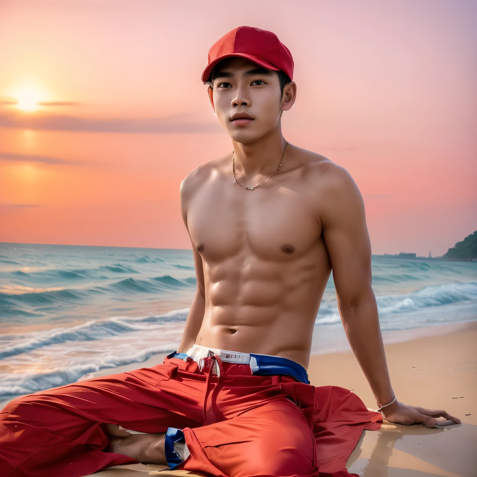 Handsome young man,Thai person,ager,Take off your shirt.,red pants,Ride by the sea,