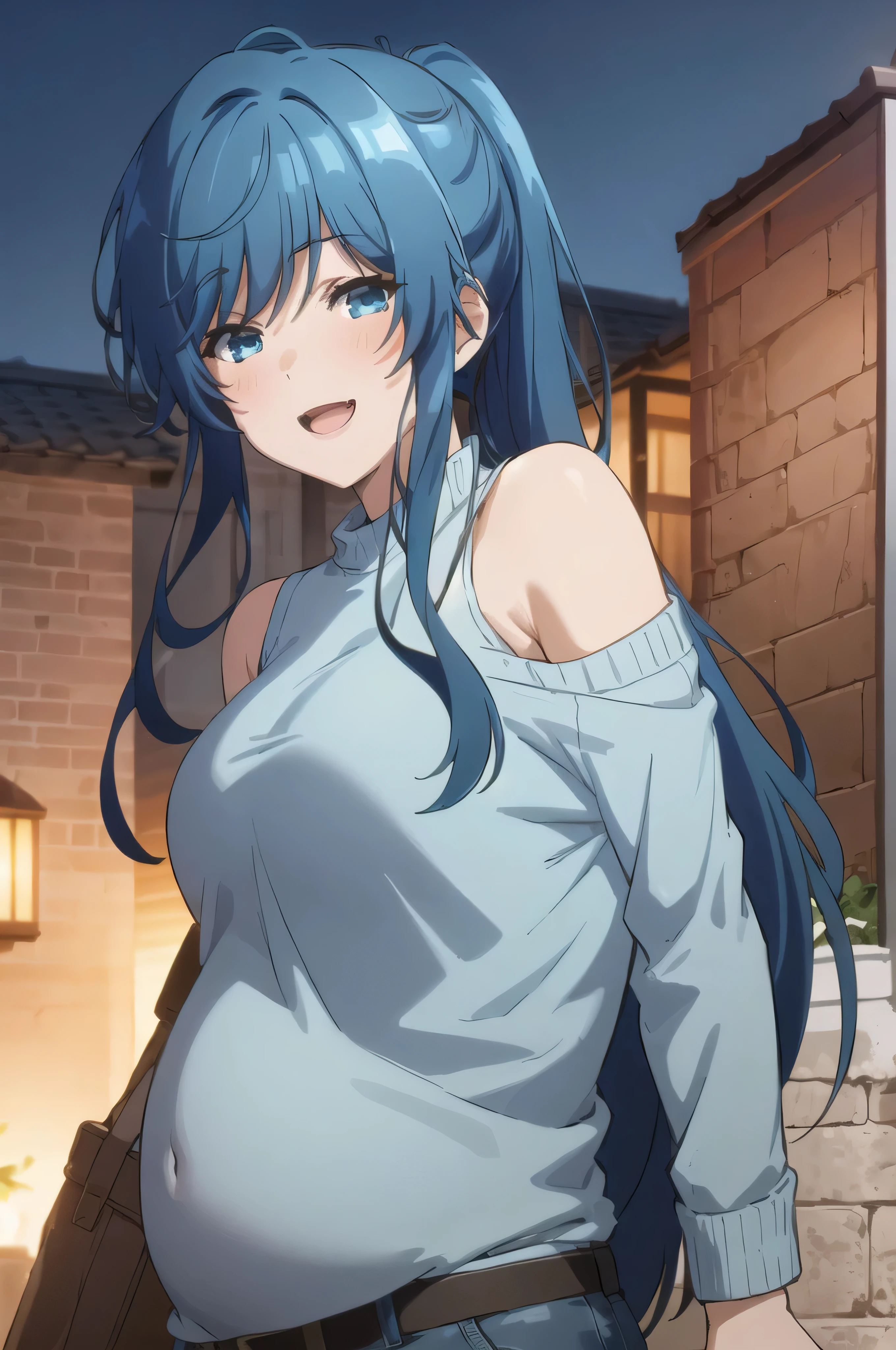best quality, (masterpiece:1.2), detailed,
1girl, solo, smile, open mouth, light blush,
blue hair, blue eyes, long hair, ponytail, leather jeans, jacket, looking at the viewer,
outdoors, night, pregnant, big boobs, cute, seductive
