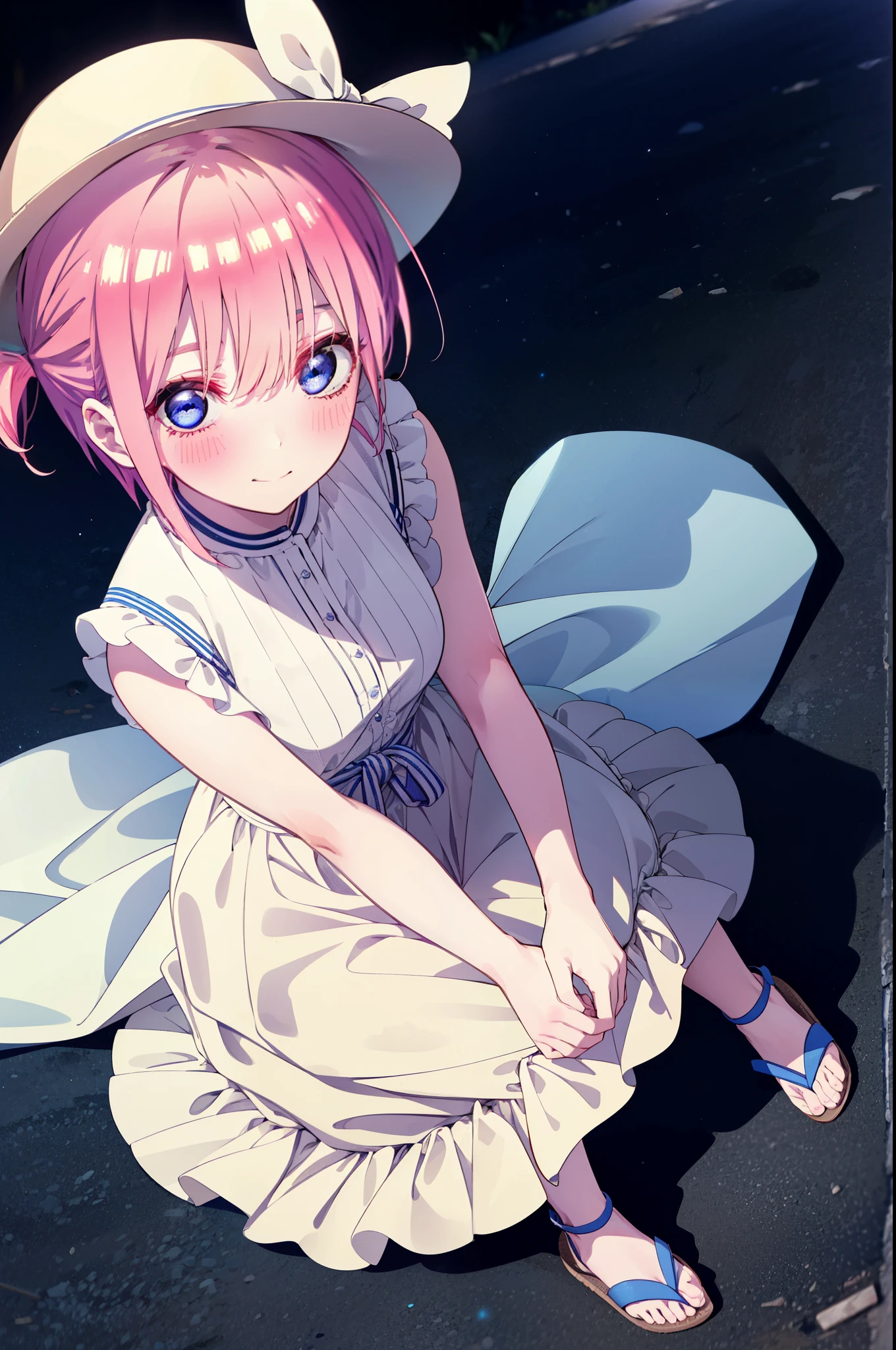 ichikanakano, ichika nakano, short hair, bangs, blue eyes, Hair between the eyes, Pink Hair, Big white hat,smile,Sleeveless white dress,Bare arms,White long skirt,Cute heeled sandals,whole bodyがイラストに入るように,Looking down from above,walk,moonlight,night,ロマンチックなnight景,Starry Sky,shooting star,Looking up from below,
break outdoors, hill,
break looking at viewer, whole body,
break (masterpiece:1.2), highest quality, High resolution, unity 8k wallpaper, (shape:0.8), (Beautiful details:1.6), Highly detailed face, Perfect lighting, Highly detailed CG, (Perfect hands, Perfect Anatomy),