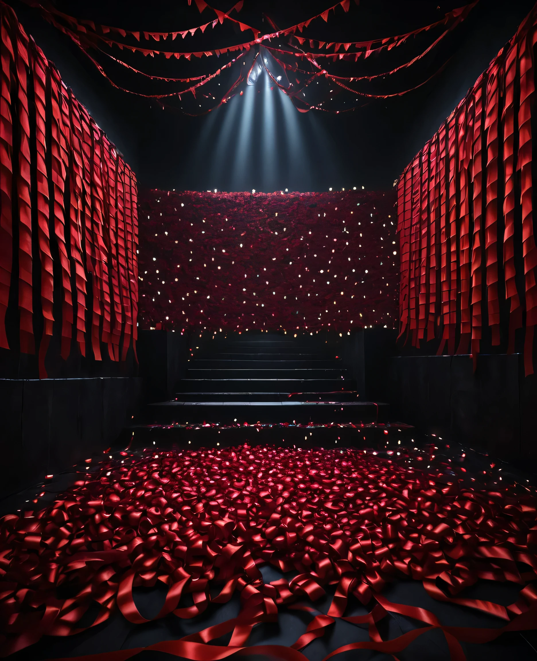 A very detailed background, and complete darkness surrounds the place, covered in dense red ribbons, and faint lights decorate the place. 