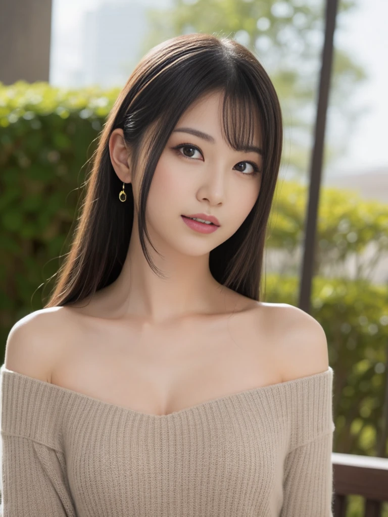 Tabletop, highest quality, Realistic, In detail, High resolution, 8k wallpaper,Perfect dynamic composition, Beautiful details, Medium Hair,Random sexy poses,Put your chest close、Off-the-shoulder knit)、Underwear is visible、Beautiful breasts、Laughter、Open your mouth、Resort scenery、Beautiful Japanese Women、Age 25、(Beautiful Eyes:1.4)、Adult Beauty、Realistic portraits、Beauty Painting、