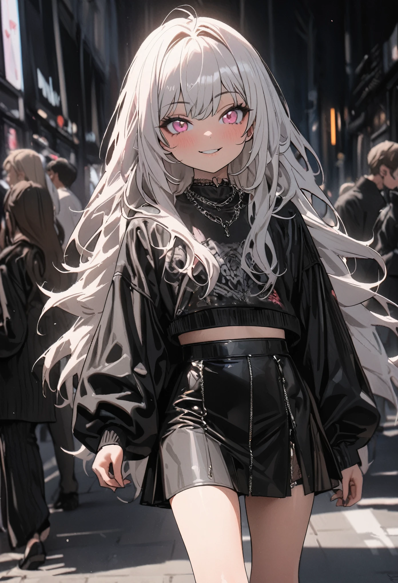 ((12 years old)), (1girl), cute young girl, (naughty smile), white hair, pink eyes, (long hair), liner double, black outfit, black rose, black skirt, (walking), cute,❤️🖤💗💔, 8K, (jirai fashion), ((Masterpiece)), ((best quality)), (super detail:1.2), (High Definition:1.3), (Professional Photography:1.4), (sharp focus), perfect light, (shaggy hair), extensions, eyeliner, emo,