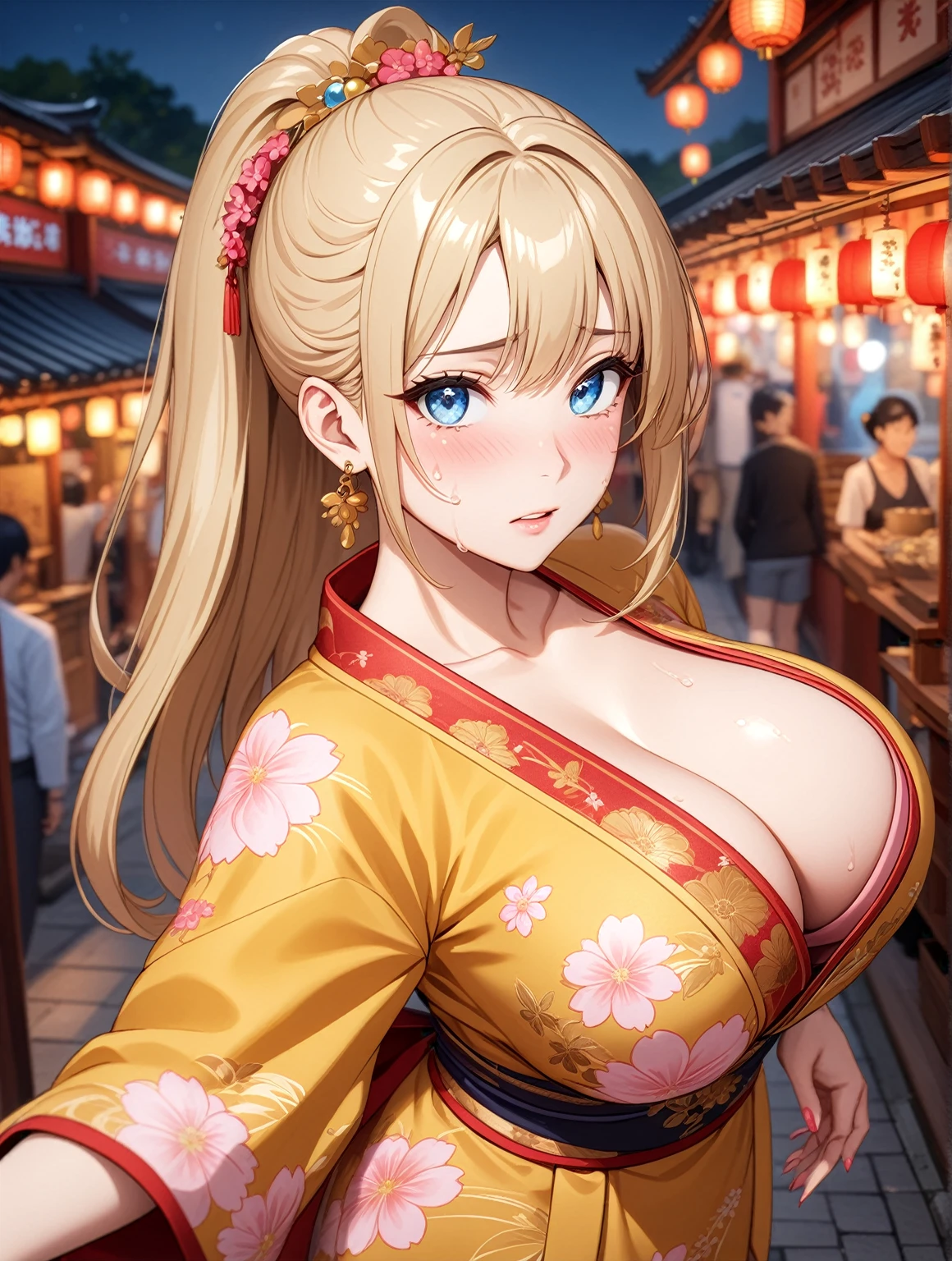 ((One woman)), Beautiful Face,(Crying face),Become bright red,Sweat on the face,Glossy pink lips,night,Shrine festival stalls, ((Anime style background)),masterpiece, highest quality, so beautiful, up to date, Complex details, (Pink long nails),AI-generated, Complex,High resolution, highest quality, super high quality,3D Images、View the viewers、3D Images,one person,Long Blonde Hair,High Ponytail,blue eyes,Anime woman posing for a photo, [[Fine grain、Colorful eyes、Shining Eyes:1.15]],(Squint your eyes:1.1),a hyperRealistic , hyperRealistic , Realistic,Blonde anime woman with long hair, Smooth anime CG art, A woman in a colorful kimono with gold embroidery, (Yellow kimono),Pink floral pattern,Long flower hair ornament,Big earrings,(Large :1.2),Mature all,Big Ass,Fine deta,Narrow waist,Six-pack,Photographed from diagonally above,looking at the camera