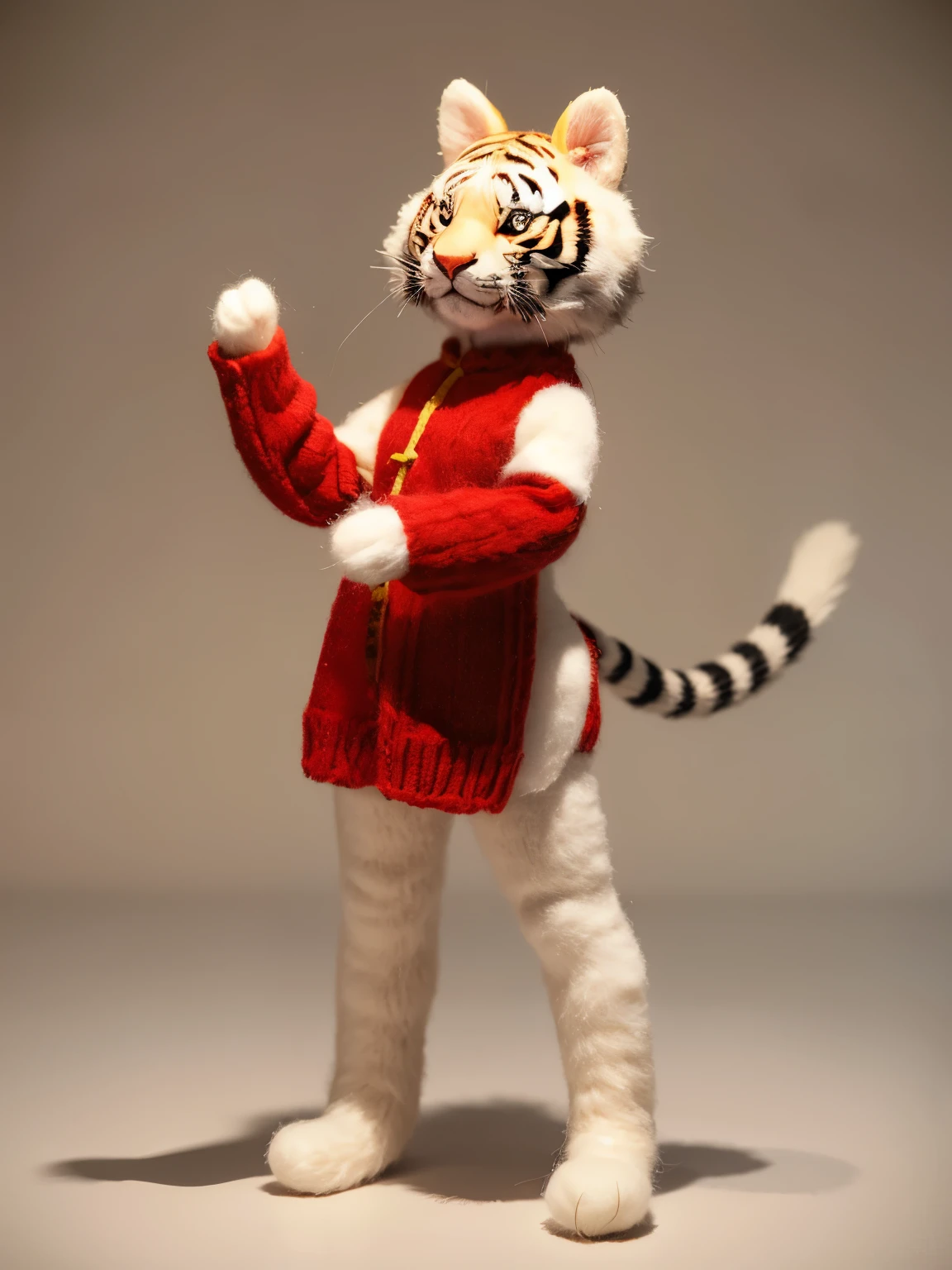 Cute Chinese tiger,Wool Knitting,Knitted material,Q version,Red and gold,White base color,Wool Felt,Solid,Full body 3D art