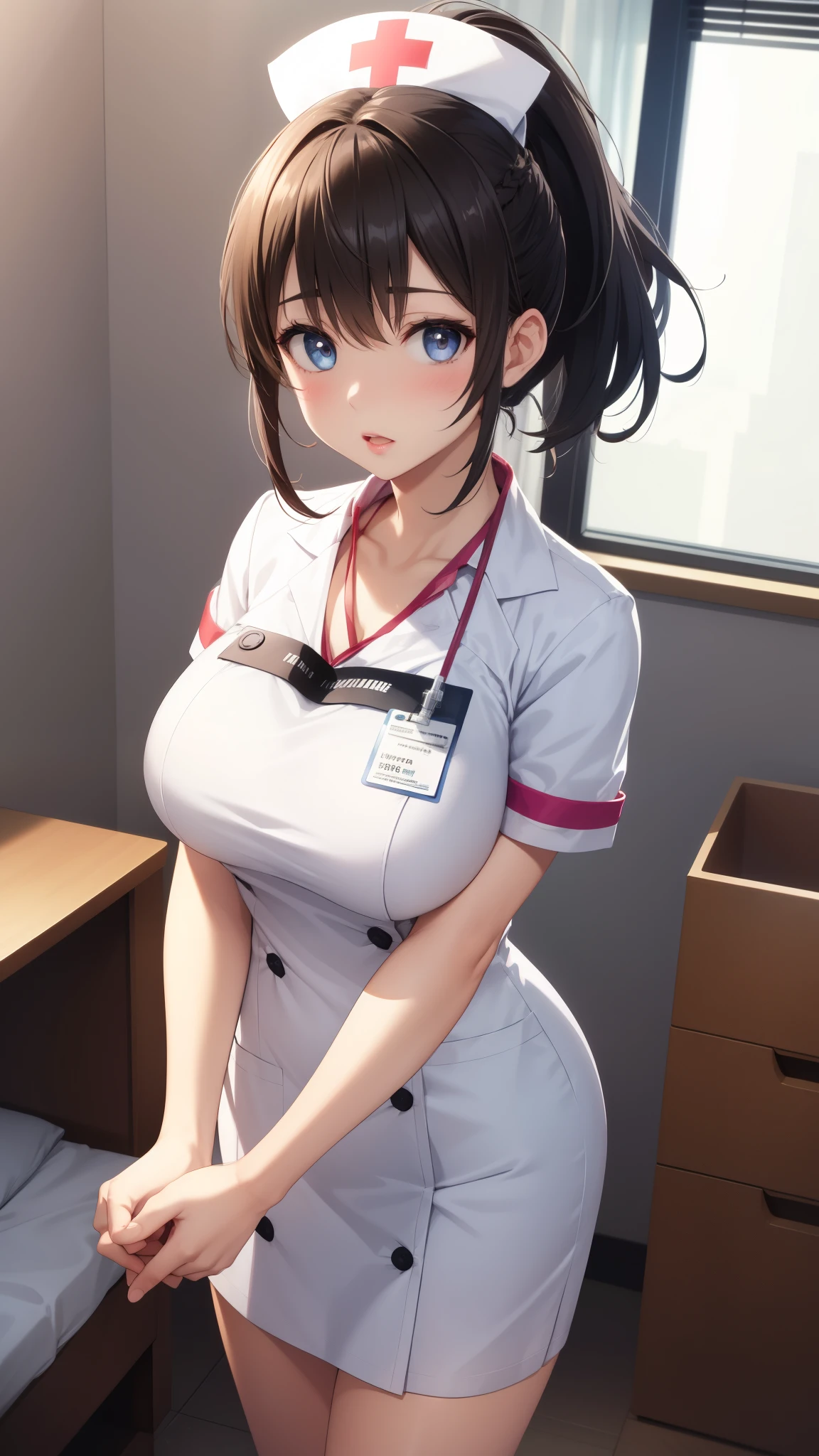 1girl, natural lighting, masterpiece, highly detailed, illustration, game CG, absurdres, high quality, aichan, (large breasts), beautiful detailed eyes, short hair, ponytail, light curled hair, bangs, glossy lips, lips parted, collarbone, nurse office, hospital infirmary, nurse, white nurse dress, nurse headband, ID card, looking at viewer, shocked, surprised