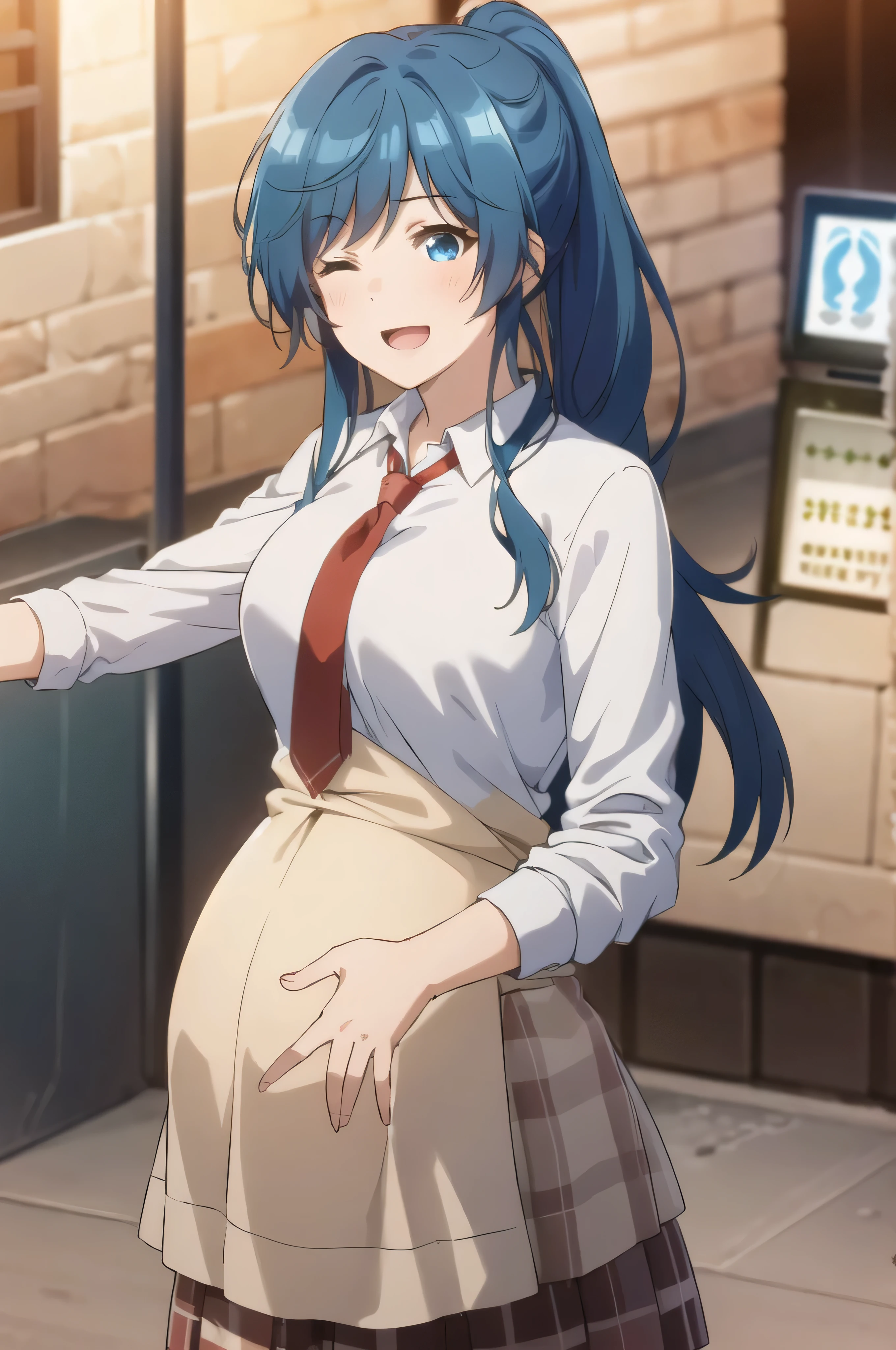 best quality, (masterpiece:1.2), detailed,
1girl, solo, smile, open mouth, light blush,
blue hair, blue eyes, wink, one eye closed, long hair, ponytail, white shirt, red tie, pleated skirt,
standing, outstretched hand, looking at the viewer,
outdoors, night, pregnant 