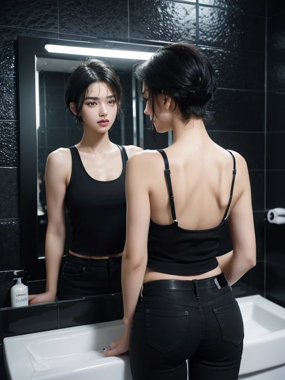 (a young woman is trimming off her own hair while looking at mirror, in the bathroom, there are reflection in the mirror: 1.5). (​masterpiece:1.0), (8K, Photorealsitic, Raw photography, top-quality: 1.0), (photo taken from behind), (reflection in the mirror: 1.5), (slim figure:1.2), enigmatic beauty, stunning face, beautiful countenance, (Lifelike face), Black hair, short hair, short cut hair, show forehead, messy hair, wet hair, realisticeyes, beautiful detail, (real looking skin), Beautiful skins, enticing, The ultra -The high-definition, A hyper-realistic, ighly detailed. (Black tank-top, Black jeans: 1.2). Background: (Bathroom with black tiles wall: 1.2), dim-lightening