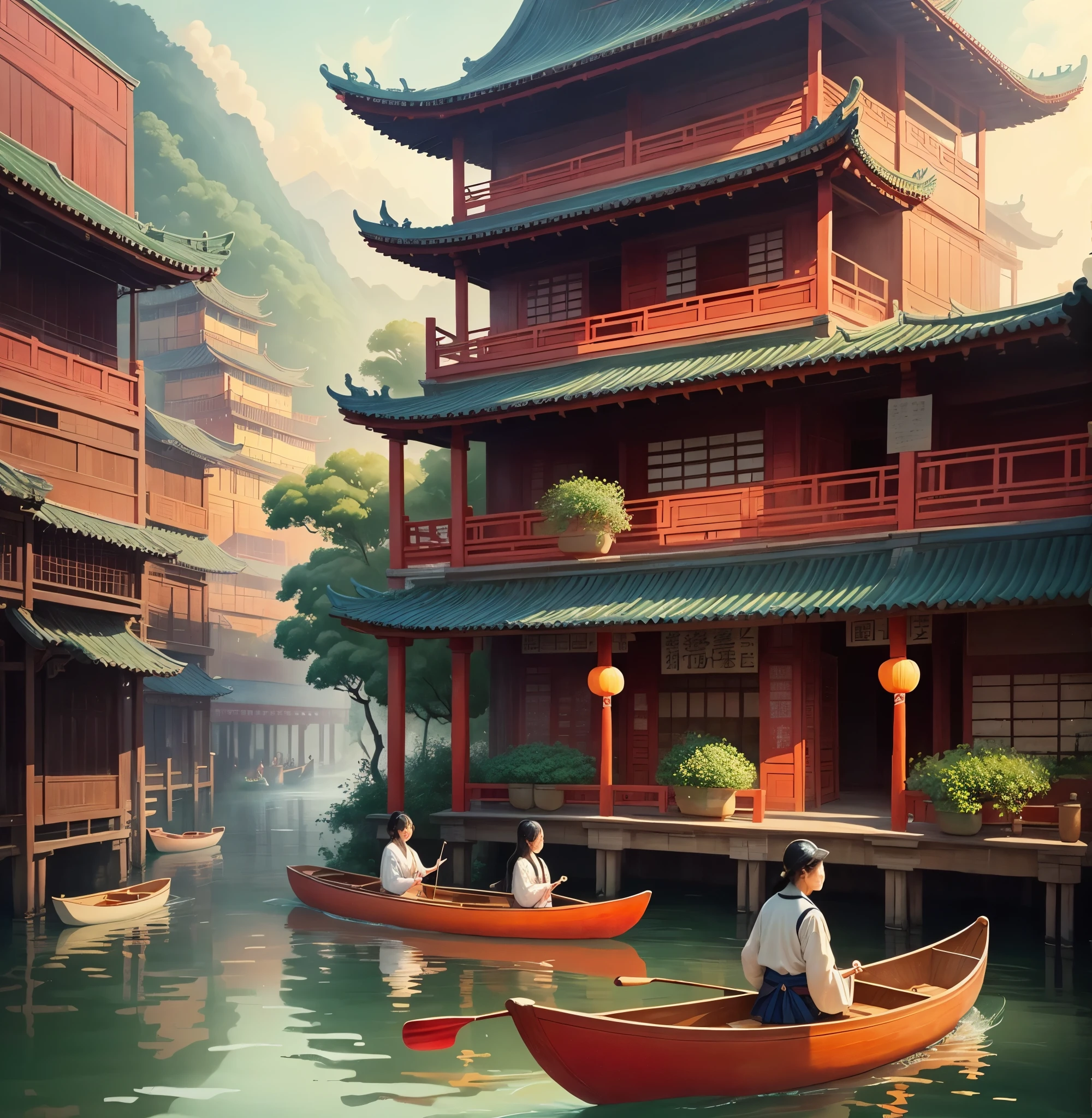 Art graphics, Big fish begonia illustration style,River painting with many people paddling dragon boats and buildings in the background, Chinese Artists, Chinese Watercolor Painting, old Chinese building, Landscape Artwork, Chinese watercolor style, Dreamy Chinese town, fine,Someone is watching
