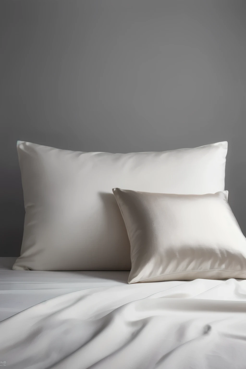 A rectangular white silk pillow lying flat, a silk pillowcase draped over it, harmonious colors, soft and smooth fabric, luxurious texture, elegant and minimalistic design, detailed fabric folds, high-quality materials, (best quality, 4k, 8k, highres, masterpiece:1.2), ultra-detailed, (realistic, photorealistic, photo-realistic:1.37), HDR, UHD, studio lighting, ultra-fine painting, sharp focus, physically-based rendering, extreme detail description, professional, vivid colors, soft lighting