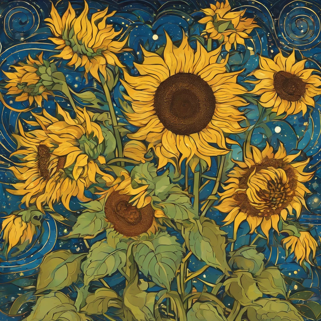 Van Gogh,starrysky,Sea of sunflowers