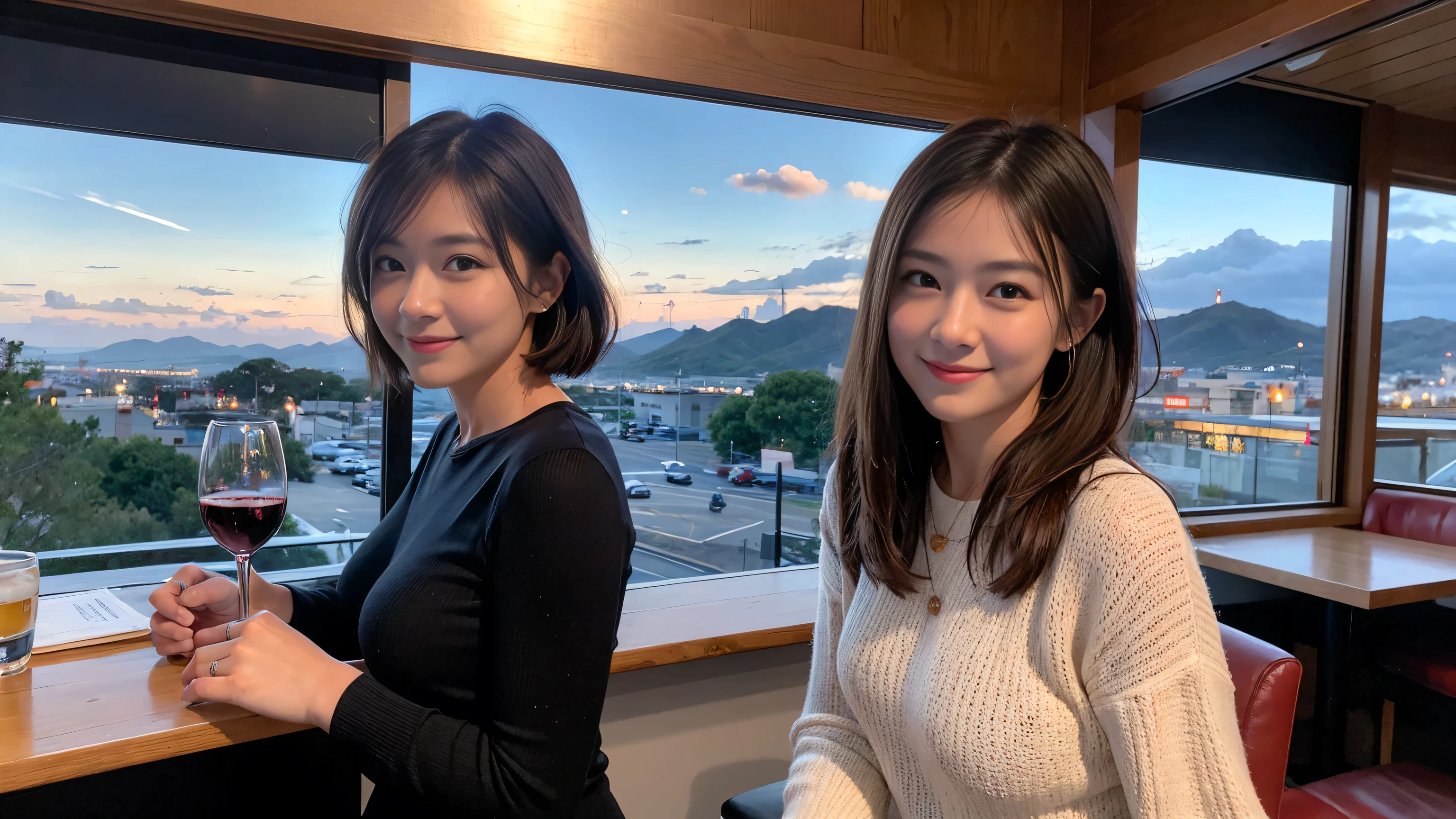 (highest quality、8k、masterpiece:1.3)、Beautiful woman with perfect figure:1.4、wine 、2 people、Dark brown hair、Knit dress、Highly detailed face and skin、fine grain、double eyelid、Huge Mile、30th generation、Sex Appeal、テーブルにWine Glass、Shine light on your face、 Amazing view of the sunset sky and clouds、Amazing mountain views、A bright smile、A lovely woman with a smile、Bright image、The beauty of wine, Beautiful Face, blue eyes, The light shines on your face, Blushing, short hair,Bright Face、Fox face、 (36 years old), 39 years old, Lady、Red wine 、Appetizers、Italian food、wine bottle、Champagne、Sparkling wine、Two beauties、Brown Hair、Shortcuts、Long sleeve shirt、dress、Pretty Woman 1, (Slim face), (The body is slim), (Brown Hair), (Shortcuts), cheeks turn a little red,Attractive beauty、, Out of the window, A beautiful and detailed night view unfolds.........., restaurant, In a prominent place (From the waist up) Nova Frog Style, actress, model, Upper Body, White wine, slim, Wine Glass, 真ん中に置かれたWine Glass, smile, (smile: 1.15), Beautiful fine grain, Depth f/2,saturation, High Contrast, Strong light and shadow,Moist Body:1.5、3D texture、Delicate eyes、Brown Hair、The hair is very shiny、