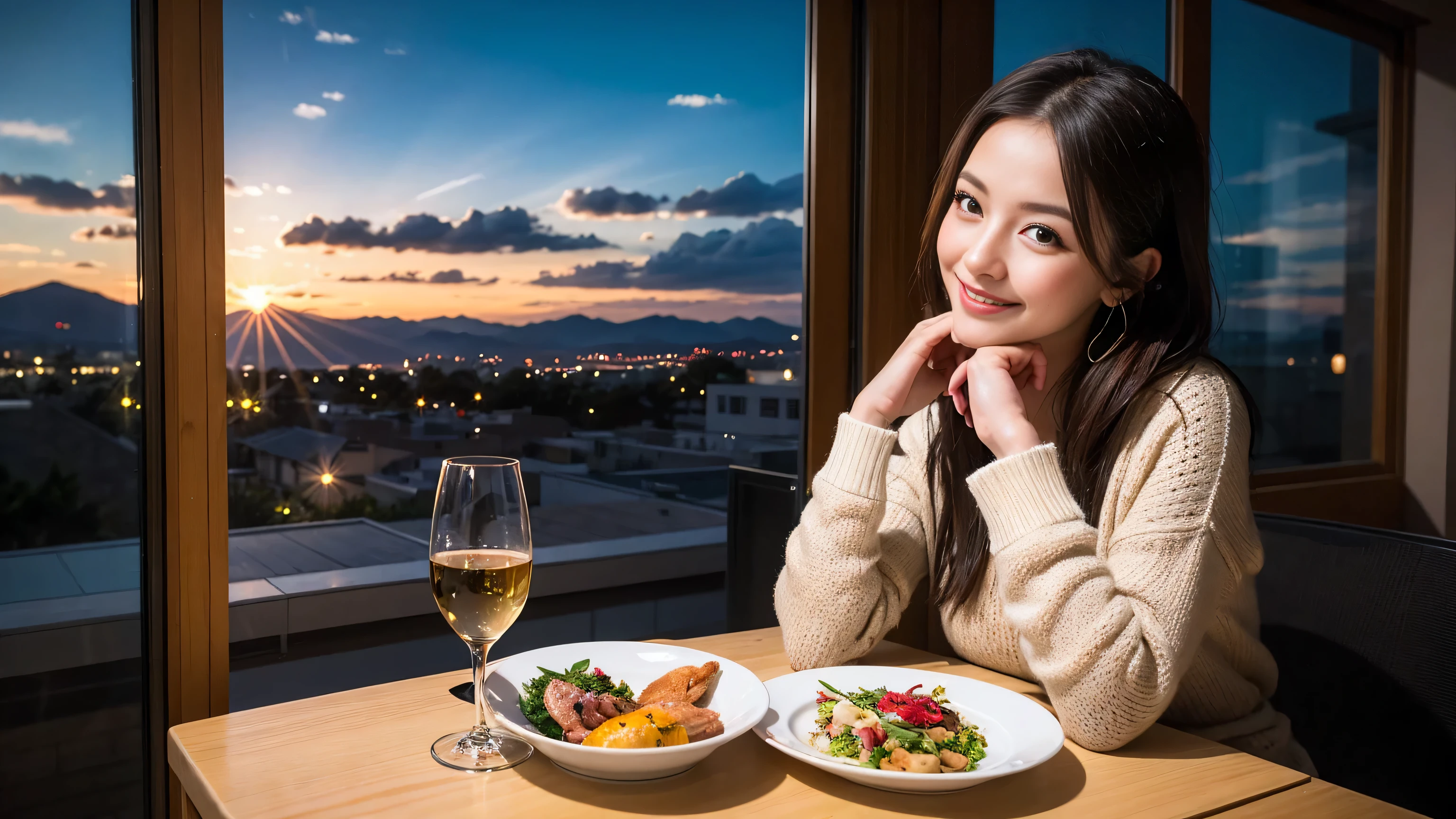 (highest quality、8k、masterpiece:1.3)、Beautiful woman with perfect figure:1.4、wine 、2 people、Dark brown hair、Knit dress、Highly detailed face and skin、fine grain、double eyelid、Huge Mile、30th generation、Sex Appeal、テーブルにWine Glass、Shine light on your face、 Amazing view of the sunset sky and clouds、Amazing mountain views、A bright smile、A lovely woman with a smile、Bright image、The beauty of wine, Beautiful Face, blue eyes, The light shines on your face, Blushing, short hair,Bright Face、Fox face、 (36 years old), 39 years old, Lady、Red wine 、Appetizers、Italian food、wine bottle、Champagne、Sparkling wine、Two beauties、Brown Hair、Shortcuts、Long sleeve shirt、dress、Pretty Woman 1, (Slim face), (The body is slim), (Brown Hair), (Shortcuts), cheeks turn a little red,Attractive beauty、, Out of the window, A beautiful and detailed night view unfolds.........., restaurant, In a prominent place (From the waist up) Nova Frog Style, actress, model, Upper Body, White wine, slim, Wine Glass, 真ん中に置かれたWine Glass, smile, (smile: 1.15), Beautiful fine grain, Depth f/2,saturation, High Contrast, Strong light and shadow,Moist Body:1.5、3D texture、Delicate eyes、Brown Hair、The hair is very shiny、