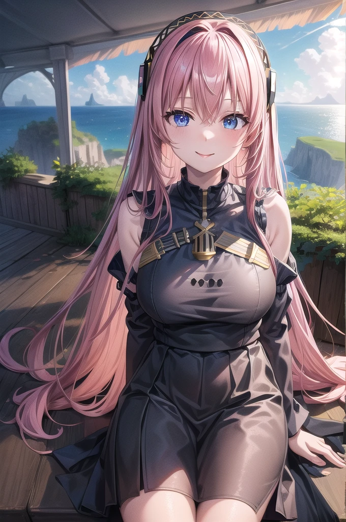 ((masterpiece)),(highest quality),Official Art,((In real photo style:1.2)),Highly detailed CG,unity 8k wallpaper,Super detailed,Lighthouse on top of a cliff by the sea,One mature woman,alone,Upper Body,(Portraiture:1.2),megurine luka,Long Hair,fringe,headset,Black Shirt,smile,blue eyes,Hair between the eyes,Big Breasts,Pink Hair,Black knee socks,Headphones,Black Skirt,Wrist cuff,Long skirt,