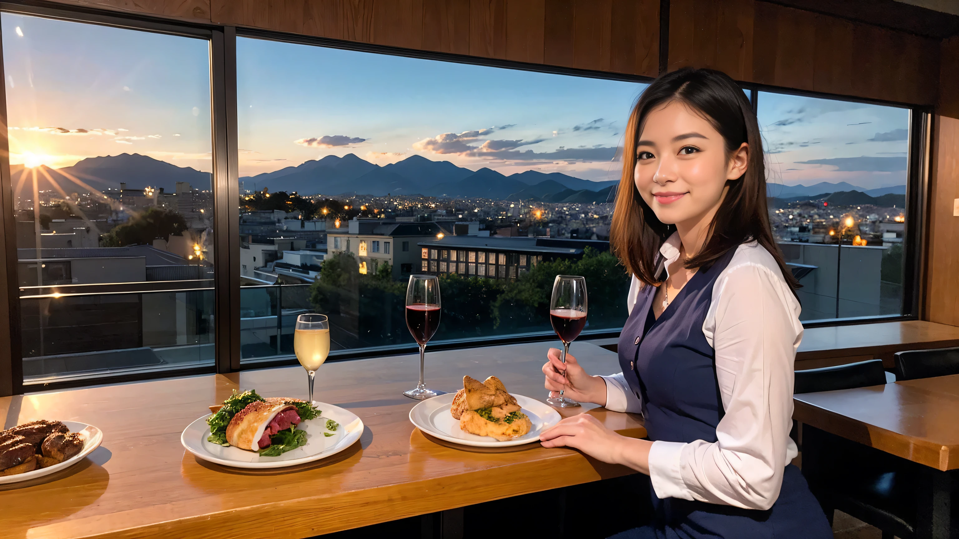 (highest quality、8k、masterpiece:1.3)、Beautiful woman with perfect figure:1.4、wine 、2 people、Dark brown hair、Knit dress、Highly detailed face and skin、fine grain、double eyelid、Huge Mile、30th generation、Sex Appeal、テーブルにWine Glass、Shine light on your face、 Amazing view of the sunset sky and clouds、Amazing mountain views、A bright smile、A lovely woman with a smile、Bright image、The beauty of wine, Beautiful Face, blue eyes, The light shines on your face, Blushing, short hair,Bright Face、Fox face、 (36 years old), 39 years old, Lady、Red wine 、Appetizers、Italian food、wine bottle、Champagne、Sparkling wine、Two beauties、Brown Hair、Shortcuts、Long sleeve shirt、dress、Pretty Woman 1, (Slim face), (The body is slim), (Brown Hair), (Shortcuts), cheeks turn a little red,Attractive beauty、, Out of the window, A beautiful and detailed night view unfolds.........., restaurant, In a prominent place (From the waist up) Nova Frog Style, actress, model, Upper Body, White wine, slim, Wine Glass, 真ん中に置かれたWine Glass, smile, (smile: 1.15), Beautiful fine grain, Depth f/2,saturation, High Contrast, Strong light and shadow,Moist Body:1.5、3D texture、Delicate eyes、Brown Hair、The hair is very shiny、