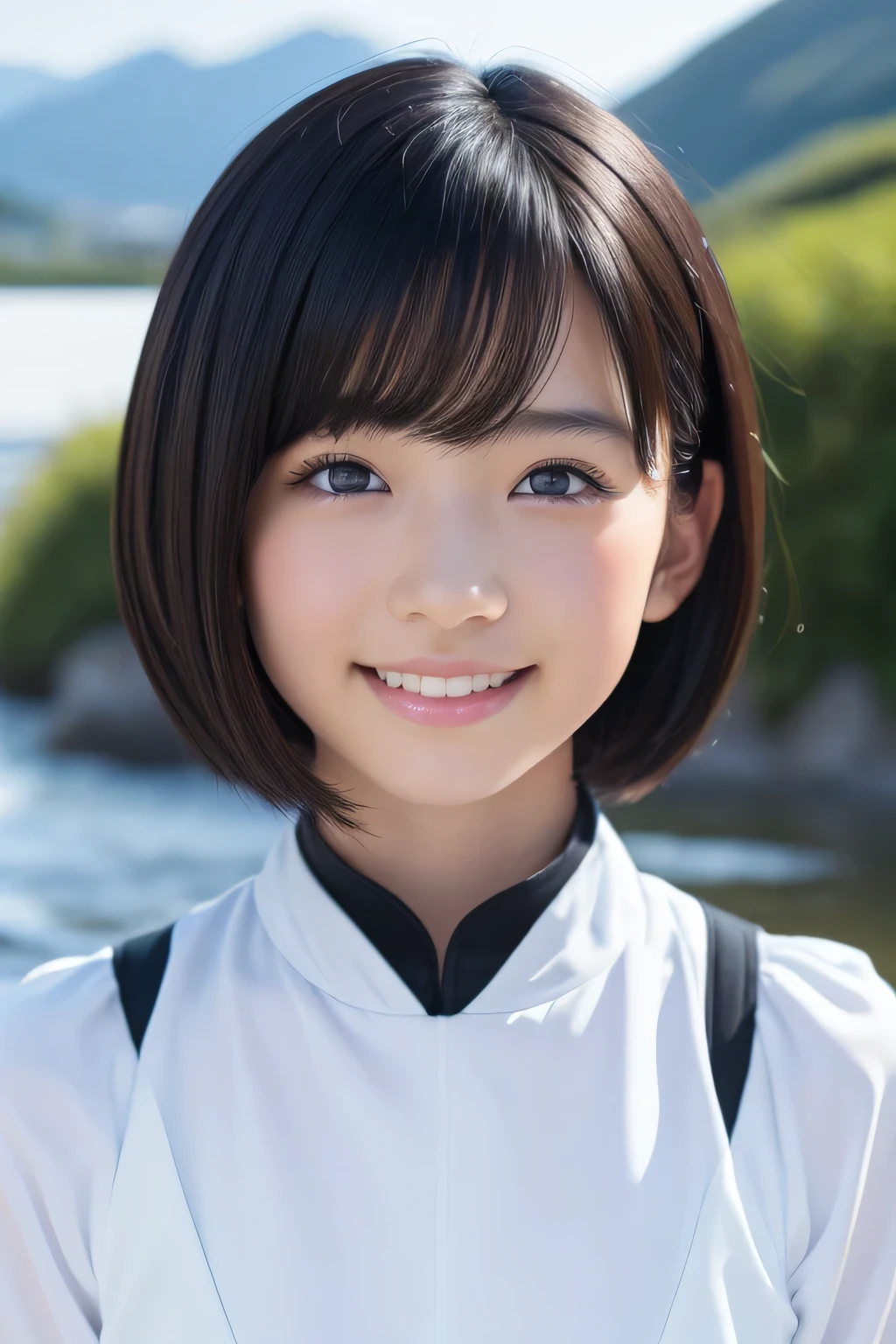 highest quality、masterpiece、超A high resolution、(Realistic:1.4)、(Real skin texture:1.3)、(Film Grain:1.3)、Panorama、Portraiture、very wide angle lens、close、Tyndall effect、Beautiful eye and skin details、Big smile、short hair、 black hair、Eye color: black、Mountain Background、White costume、age Girl、Look to the side、Innocence、Vigorous Pose　Monochrome　Comics
