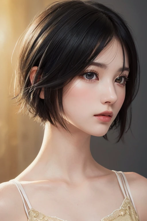 (masterpiece:1.3), (8K, Reality, RAW photos, best quality: 1.4), (1 Girl), Pretty Face, (Realistic face), (Black Hair, short hair:1.6), Beautiful hairstyle, Realistic eyes, Beautiful and delicate eyes, (Realistic skin), Beautiful skin, (No clothes),(No cover), Absurd expression, attractive, Ultra-high resolution, Surreal, Very detailed, Golden Ratio