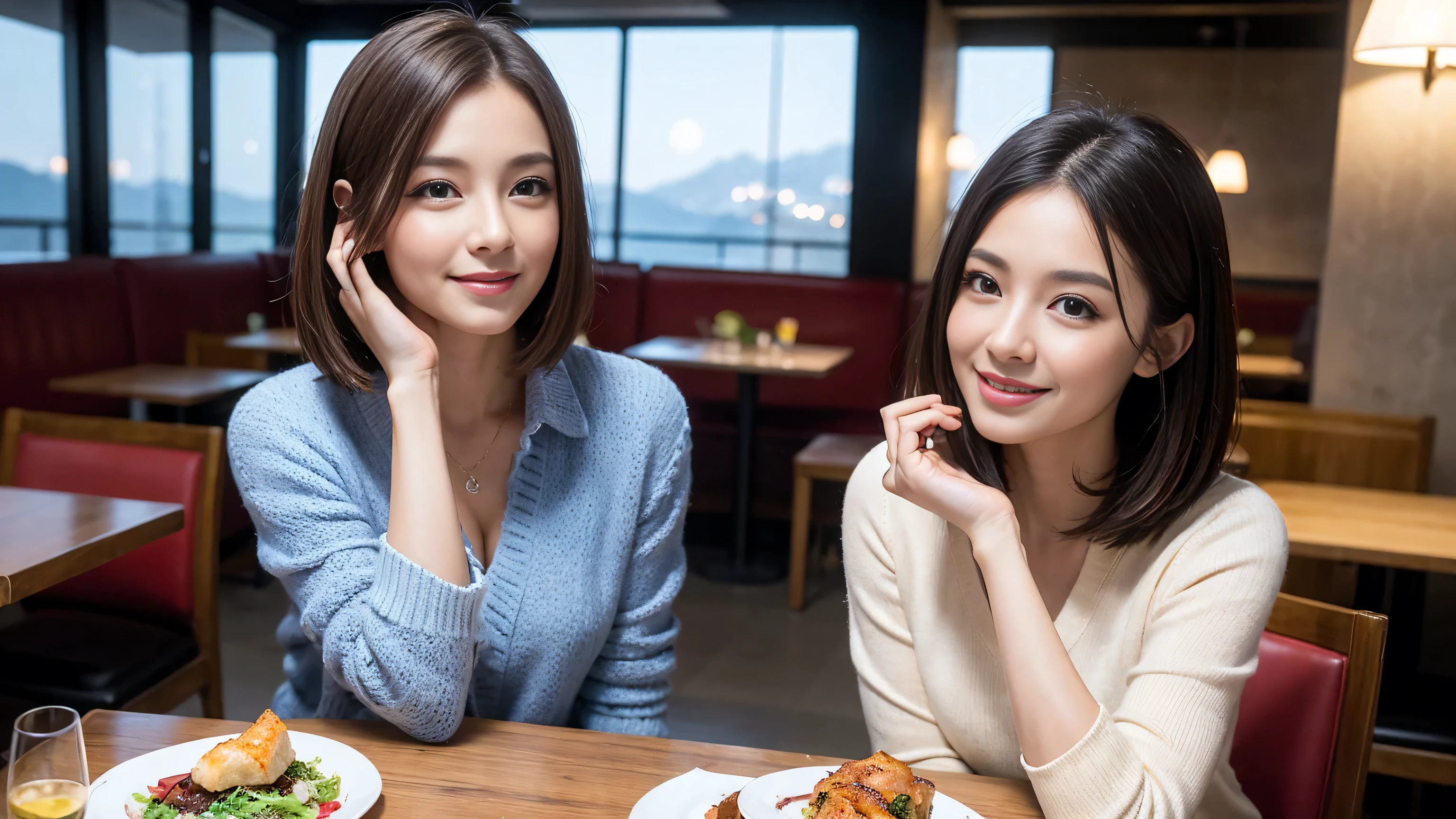 ((highest quality、8k、masterpiece:1.3))、Sharp focus:1.2、Beautiful woman perfect body:1.4、Slim body、((Bob Hale、Straight hair:1.2))、(to be born, highest quality, masterpiece:1.5), (Realistic, Intricate details:1.2), Ultra-high resolution, Facial Lighting、Amazing view of the sunset sky and clouds、Amazing mountain views、A bright smile、wine glass、red wine 、Appetizers、Italian food、Wine bottle、Champagne、sparkling wine、, Beautiful Face, blue eyes, The light shines on your face, Blushing, short hair,Bright Face、Fox face、 (36 years old), 39 years old, Lady、Two beauties、Brown Hair、Shortcuts、Long sleeve shirt、dress、Pretty Woman 1, (Slim face), (The body is slim), (Brown Hair), (Shortcuts), cheeks turn a little red,Attractive beauty、, Out of the window, A beautiful and detailed night view unfolds.........., restaurant, In a prominent place (From the waist up) Nova Frog Style, actress, model, Upper Body, White wine, slim, wine glass, Wine glass placed in the center, smile, (smile: 1.15), Beautiful fine grain, Depth f/2,saturation, High Contrast, Strong light and shadow,Moist Body:1.5、3D texture、Delicate eyes、Brown Hair、The hair is very shiny、