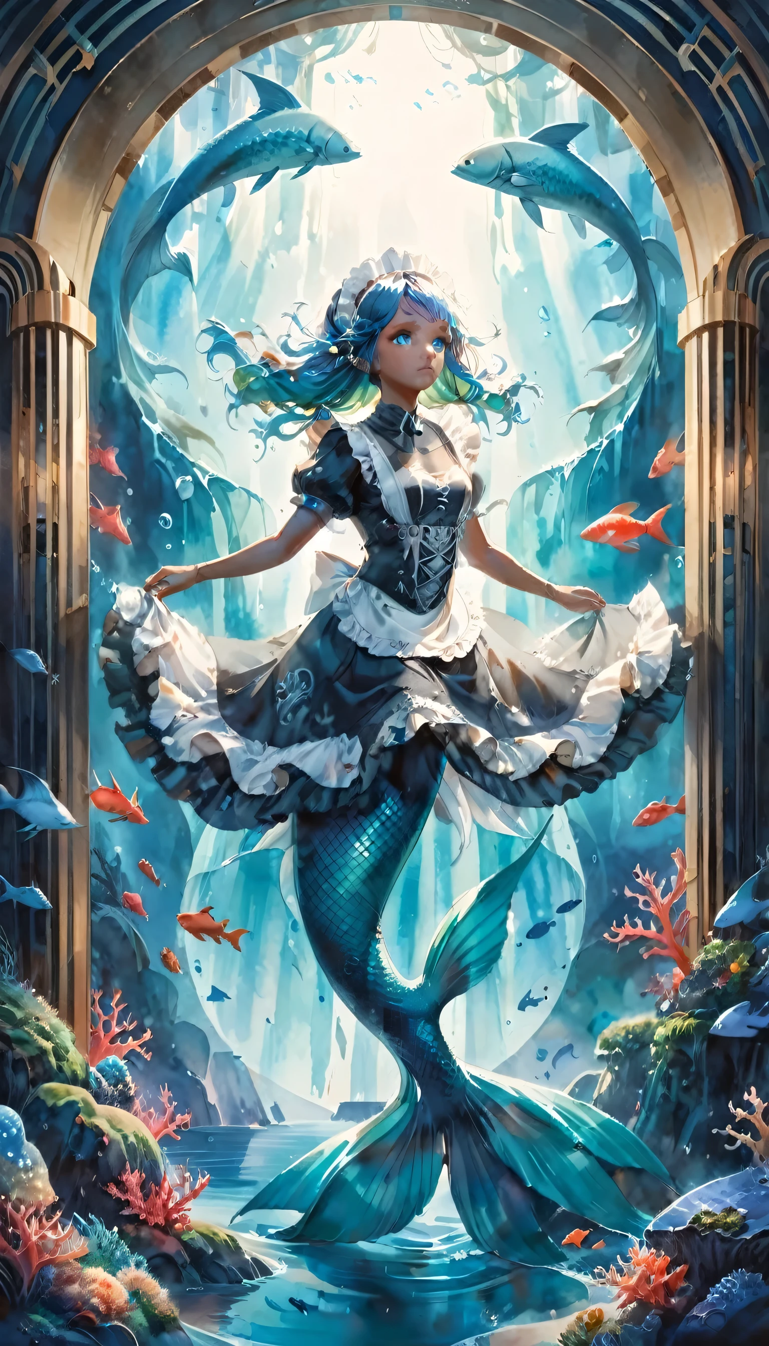 high details, best quality, 16k, ultra detailed, masterpiece, best quality, ((art deco style: 1.5)), full body, ultra wide shot, RAW, photorealistic, fantasy art, dnd art, rpg art, realistic art, an ultra wide picture of a mermaid  under the sea (intricate details, Masterpiece, best quality: 1.4) , female mermaid, (blue: 1.3) skin, (green: 1,3) hair, long hair, swirling hair, intense eyes, small pointed ears, ((blue eyes)), ((glowing eyes)), wearing (black:1.3) ((maid outfit)) flowing ((maid outfit:1.4) wearing a ((flowing maid skirt: 1.5)), beautiful mermaid, you can see rich underwater life, fish, riff, dynamic fantasy blue beach background ((magical atmosphere)), high details, best quality, highres, ultra wide angle, ggmine, traditional watercolor painting