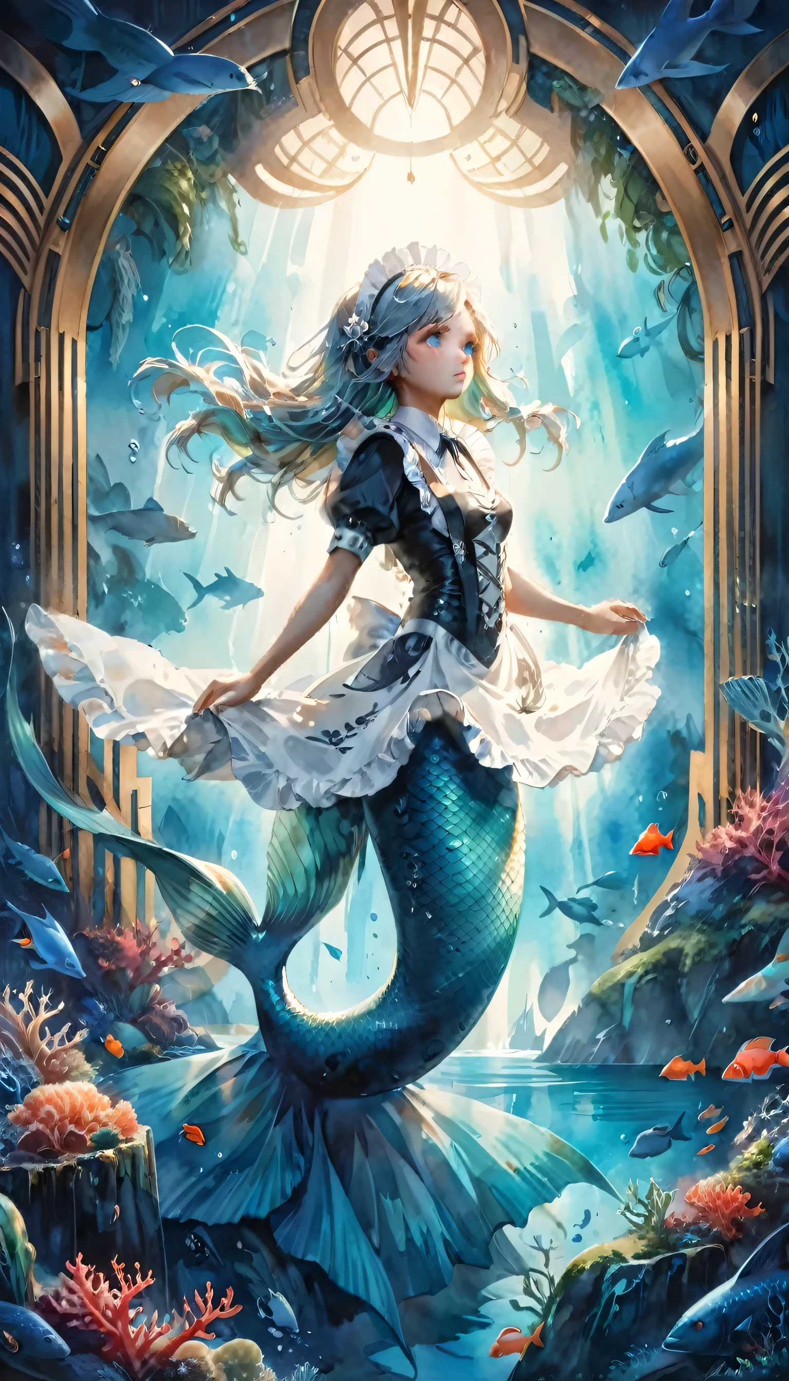 high details, best quality, 16k, ultra detailed, masterpiece, best quality, ((art deco style: 1.5)), full body, ultra wide shot, RAW, photorealistic, fantasy art, dnd art, rpg art, realistic art, an ultra wide picture of a mermaid  under the sea (intricate details, Masterpiece, best quality: 1.4) , female mermaid, (blue: 1.3) skin, (green: 1,3) hair, long hair, swirling hair, intense eyes, small pointed ears, ((blue eyes)), ((glowing eyes)), wearing (black:1.3) ((maid outfit)) flowing ((maid outfit:1.4) wearing a ((flowing maid skirt: 1.5)), beautiful mermaid, you can see rich underwater life, fish, riff, dynamic fantasy blue beach background ((magical atmosphere)), high details, best quality, highres, ultra wide angle, ggmine, traditional watercolor painting