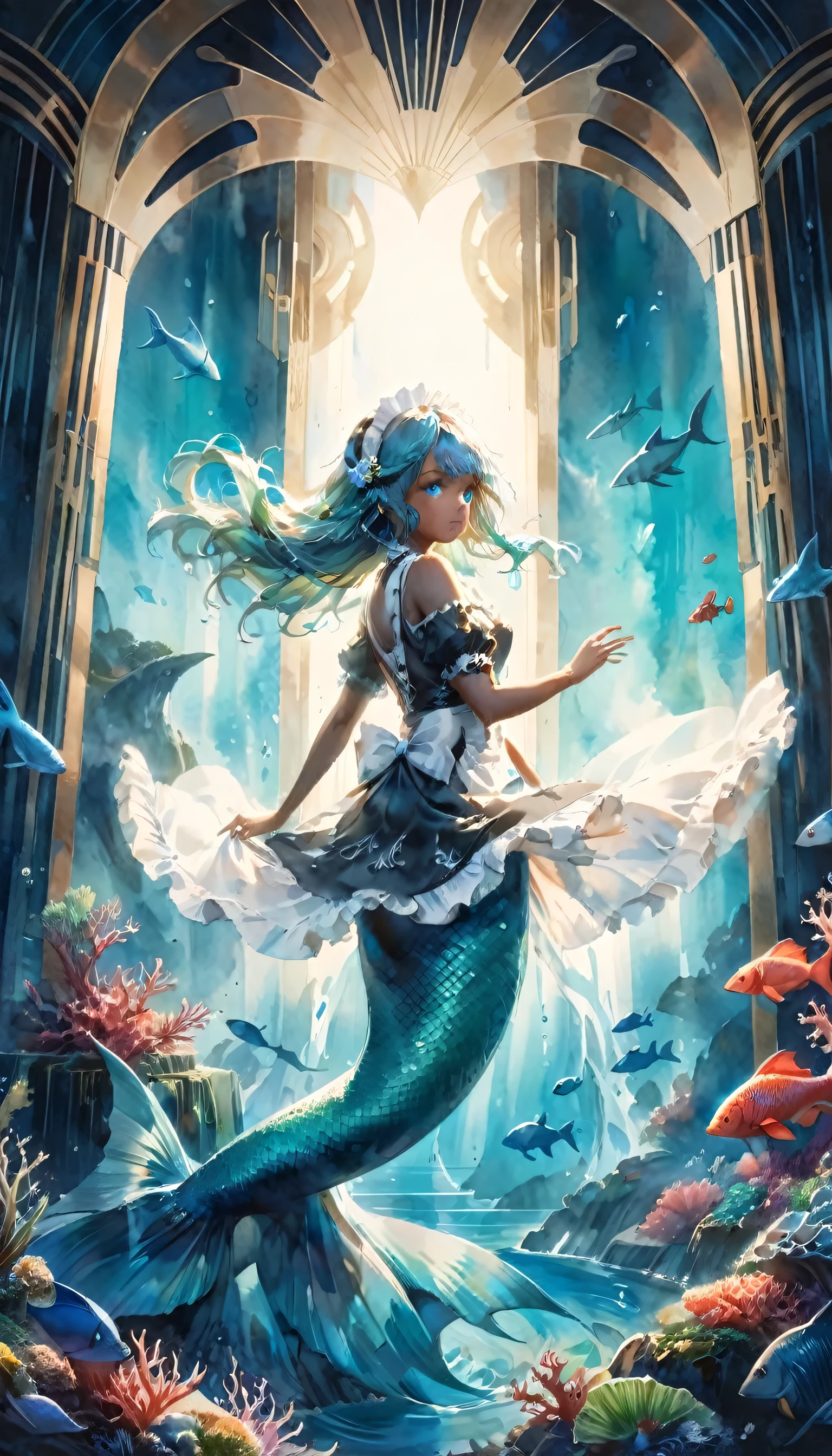 high details, best quality, 16k, ultra detailed, masterpiece, best quality, ((art deco style: 1.5)), full body, ultra wide shot, RAW, photorealistic, fantasy art, dnd art, rpg art, realistic art, an ultra wide picture of a mermaid  under the sea (intricate details, Masterpiece, best quality: 1.4) , female mermaid, (blue: 1.3) skin, (green: 1,3) hair, long hair, swirling hair, intense eyes, small pointed ears, ((blue eyes)), ((glowing eyes)), wearing (black:1.3) ((maid outfit)) flowing ((maid outfit:1.4) wearing a ((flowing maid skirt: 1.5)), beautiful mermaid, you can see rich underwater life, fish, riff, dynamic fantasy blue beach background ((magical atmosphere)), high details, best quality, highres, ultra wide angle, ggmine, traditional watercolor painting